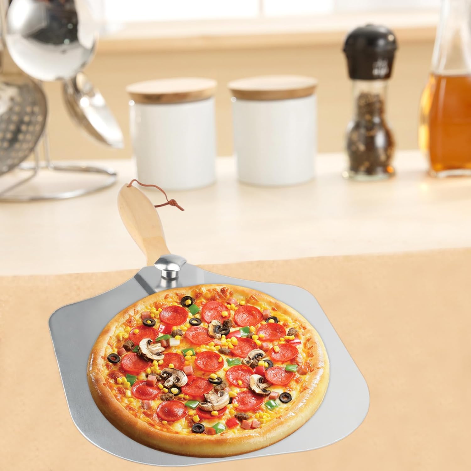 4 unidades de 12 x 14 pulgadas para pizza con 2 basculantes para cortar pizza, pala de pizza de metal de aluminio con mango de madera plegable para