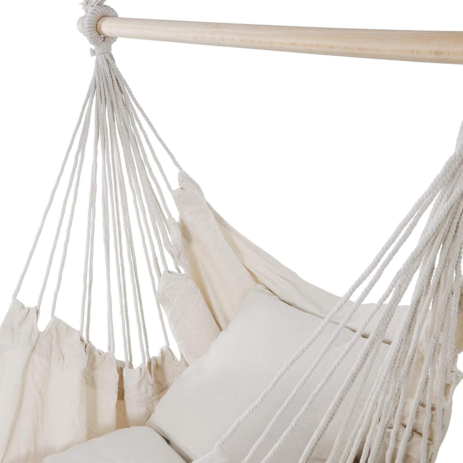 Silla hamaca columpio, silla colgante de macramé, lona de algodón, incluye dos cojines de asiento suaves, silla hamaca colgante de cuerda para