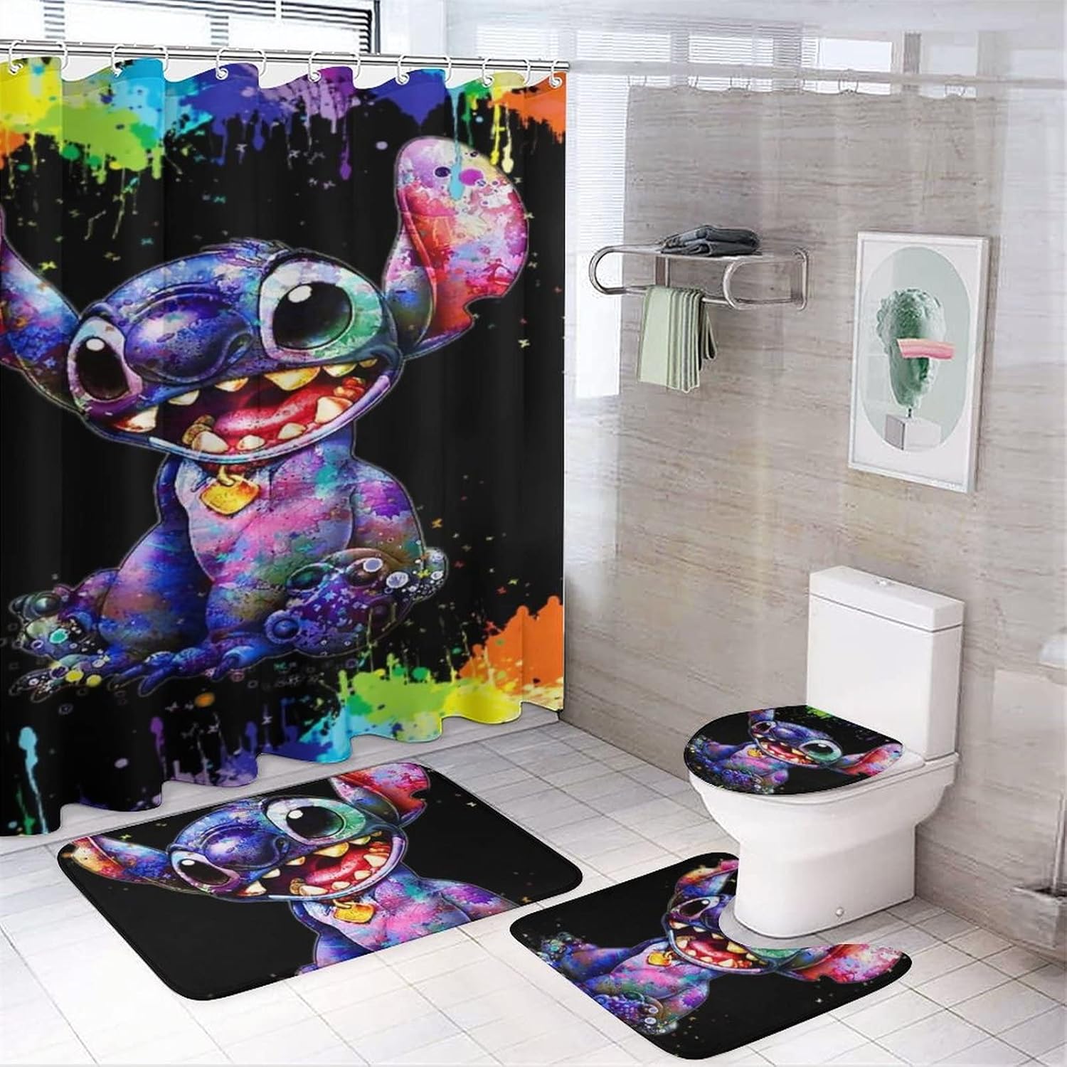 Juego de cortina de ducha de anime de 4 piezas, juego de decoración de baño con cortina de ducha impermeable, alfombras de franela suave