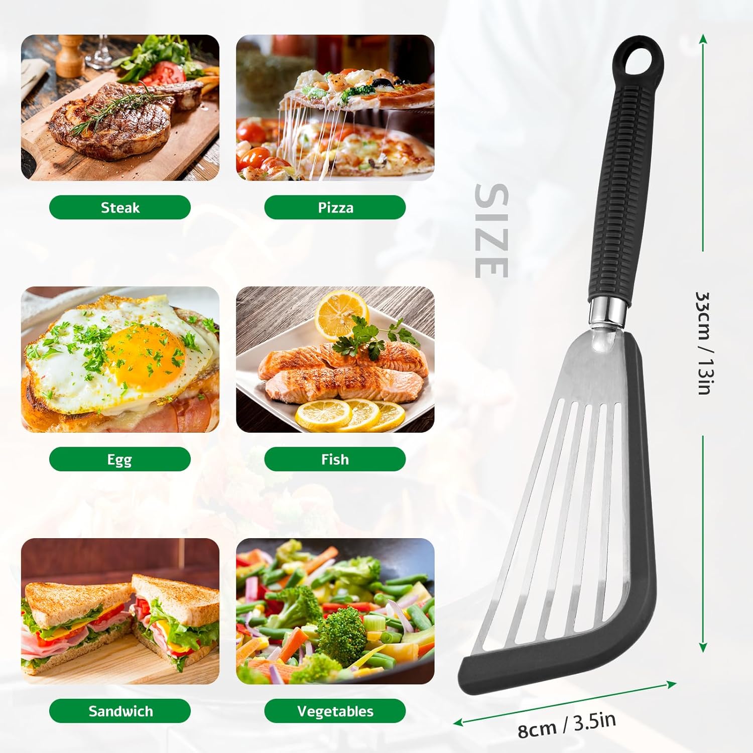 Espátula de pescado de acero inoxidable con borde de silicona, espátula de pescado de 13 pulgadas para utensilios de cocina antiadherentes, espátula