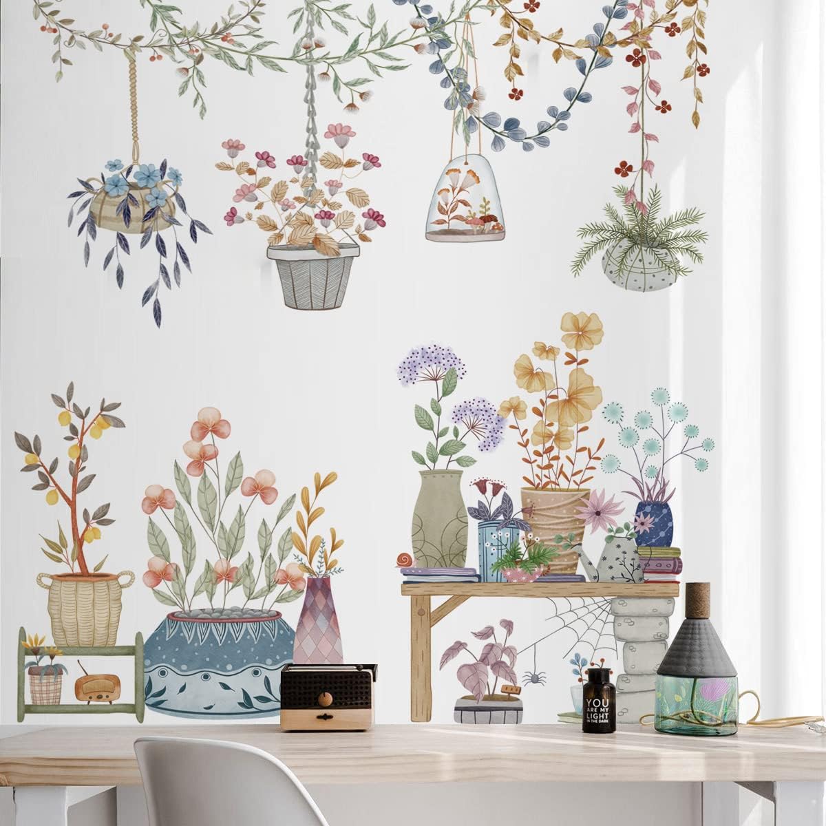 Calcomanías de pared extraíbles para colgar en macetas, calcomanías de pared de plantas coloridas, calcomanías de pared con colgante floral de