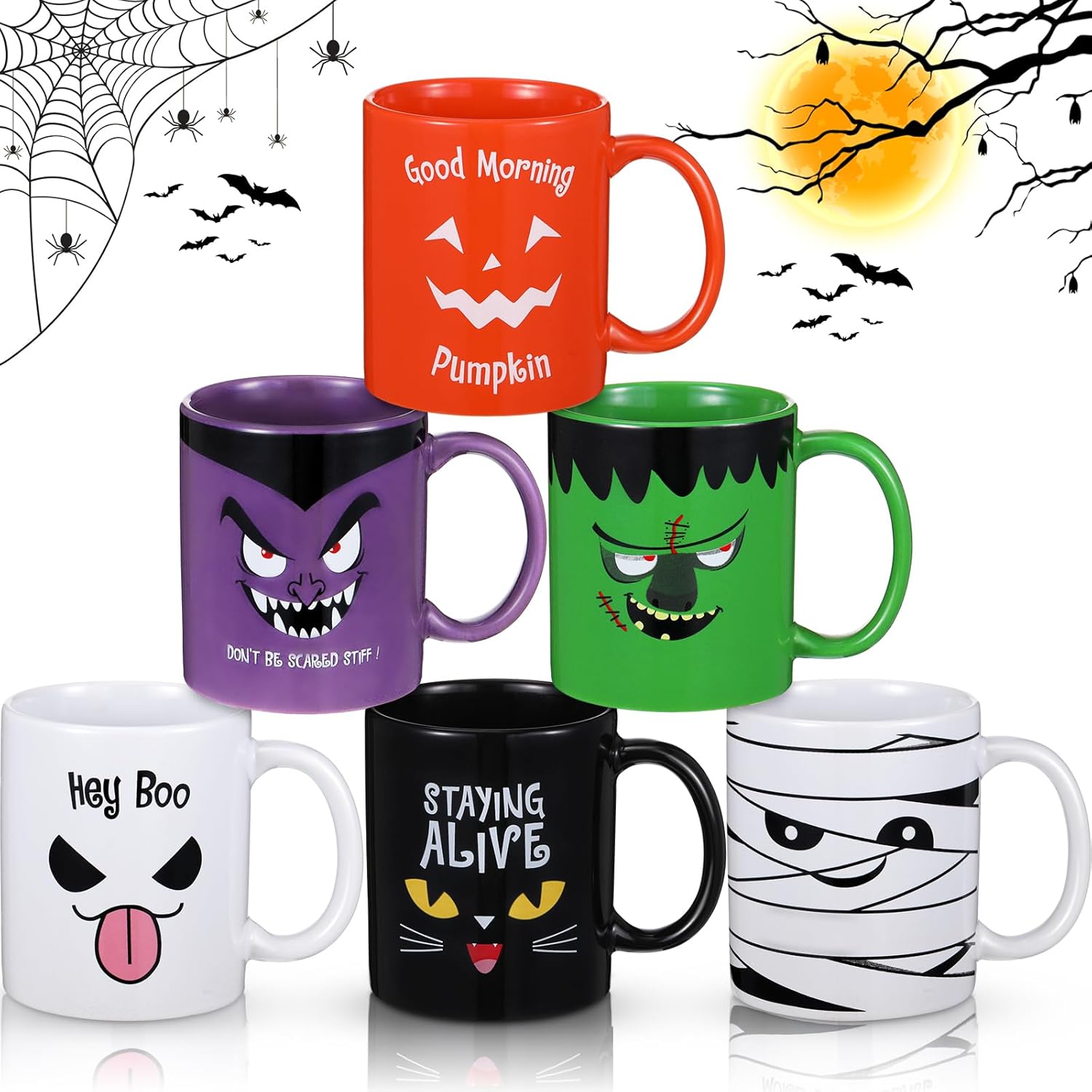 Lallisa Juego de 6 tazas de Halloween de 13 onzas, calabazas, gatos, fantasmas, tazas de cerámica a juego para Halloween, hogar, escuela, oficina,