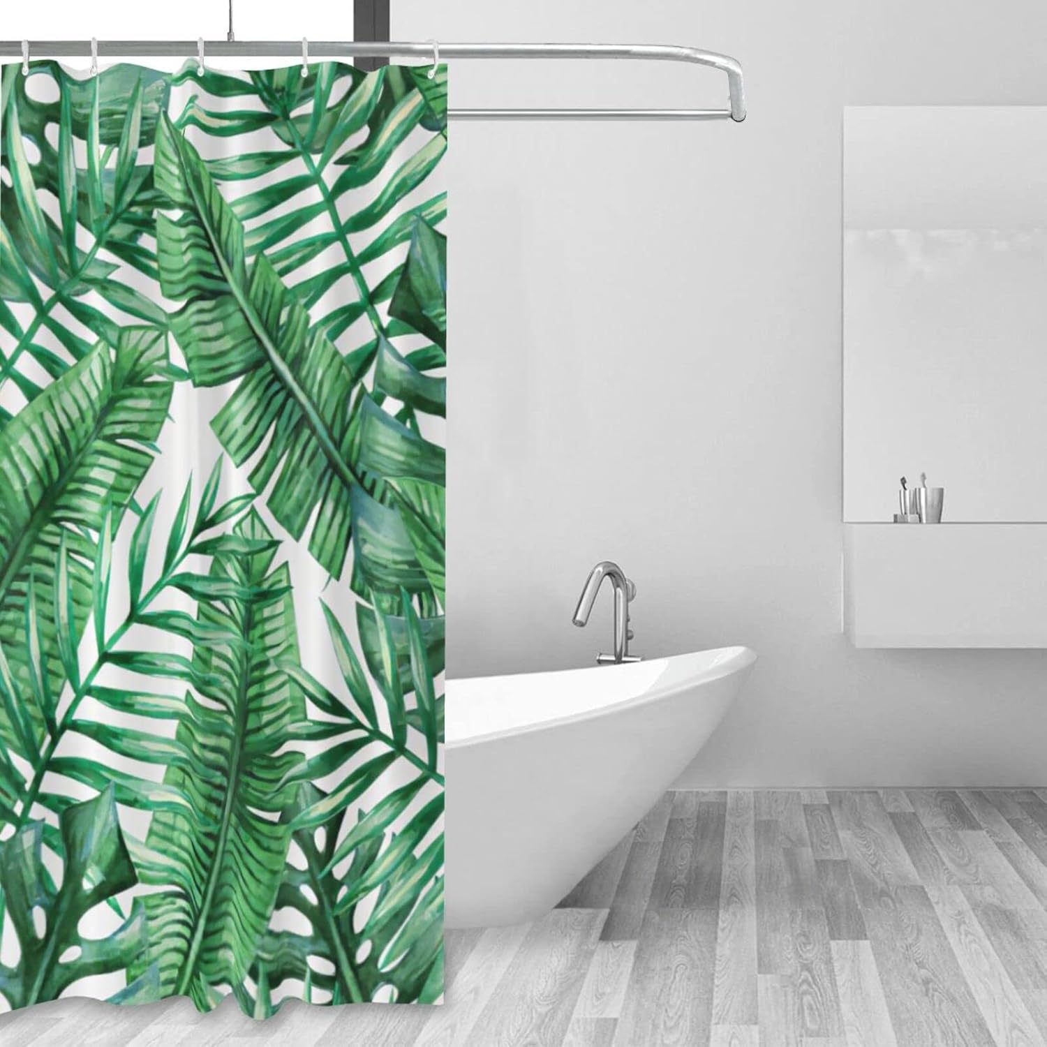 eiffecho Cortina de ducha de hojas de palmera de verano, plantas de hojas verdes tropicales, decoración de baño, bañera, cortina de ducha, tela de