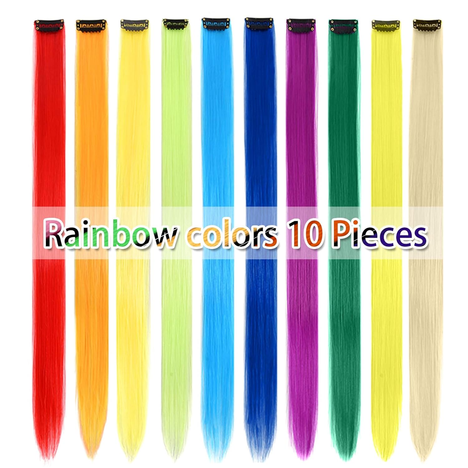 10 extensiones de cabello sintético con clip de 20 pulgadas, multicolor, lacio, con clip, para mujeres y niñas, niños, como regalo, extensiones de