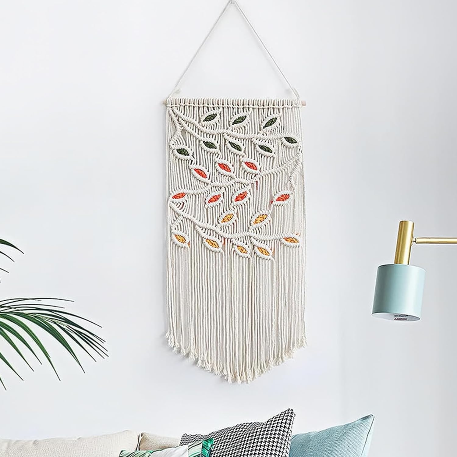 Tapiz de macramé para colgar en la pared, elegante bohemio con hojas de macramé, decoración de pared tejida a mano, arte de pared bohemio con