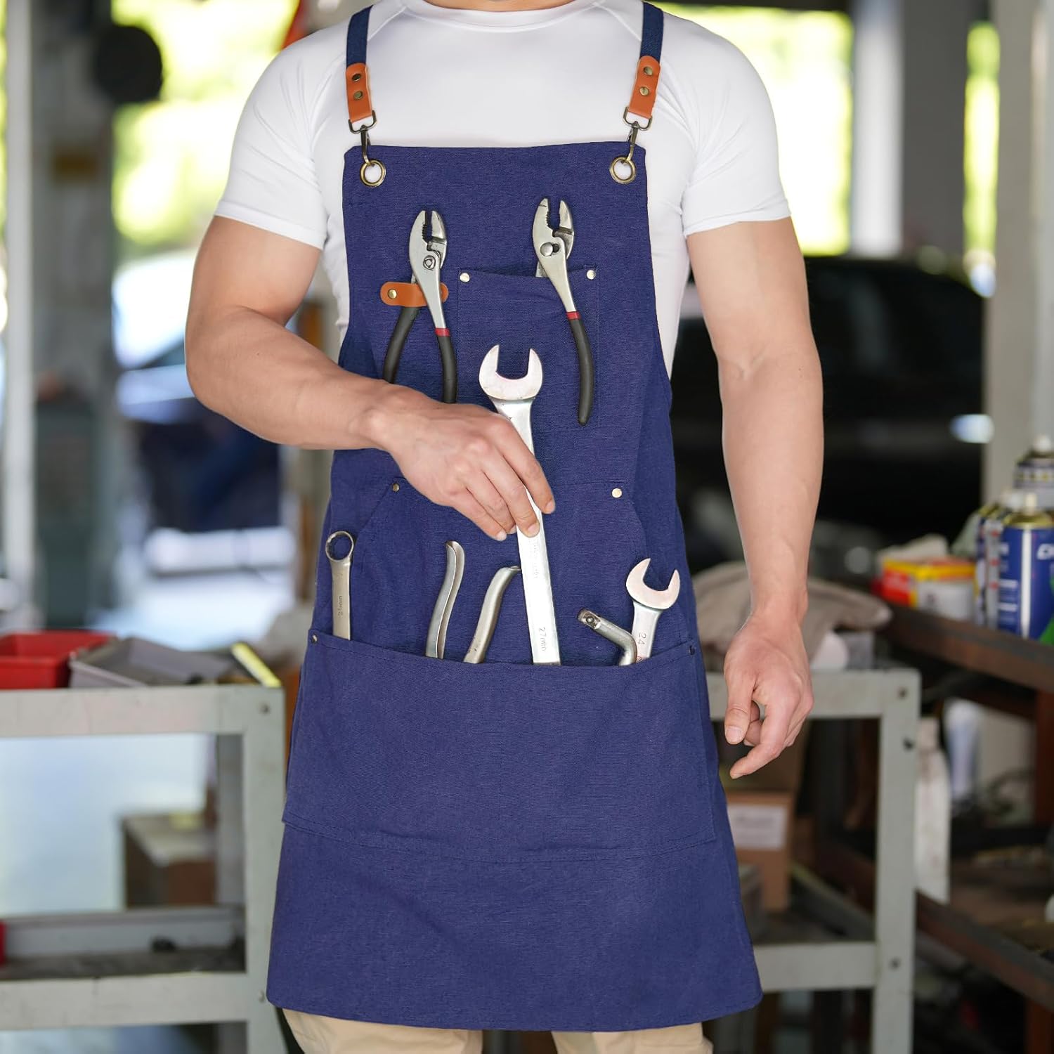 Aoomzoon Delantales de lona para hombre, delantal de chef, delantal de trabajo con bolsillos grandes, 16 onzas, parte trasera cruzada, barbacoa,