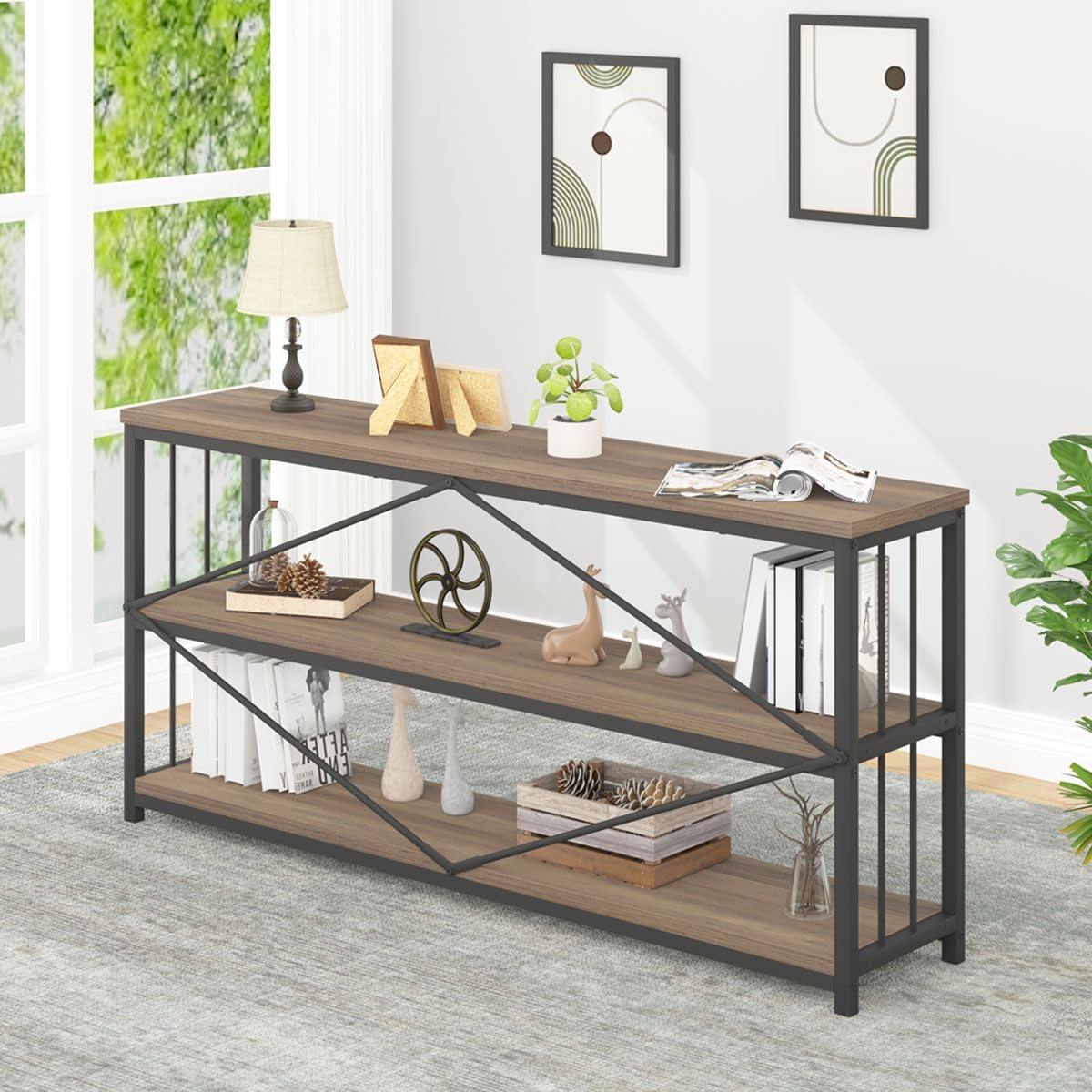 IBF Estantería industrial de 3 niveles, estantería rústica de madera baja y metal, estantería horizontal abierta larga de ancho, moderno y grande