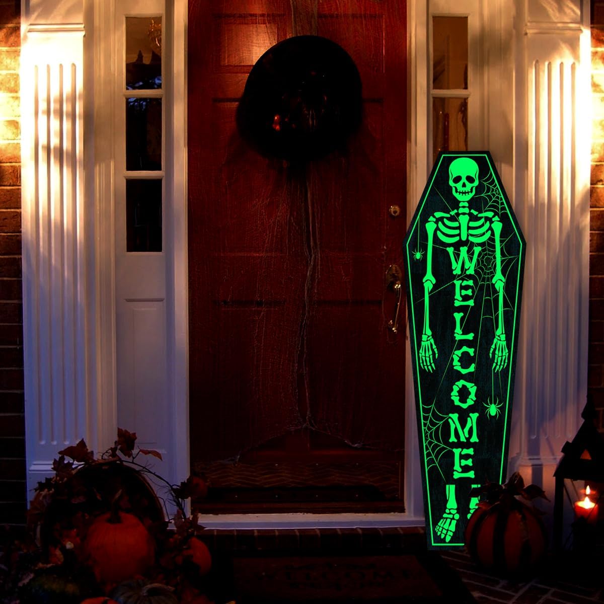 Decoraciones de Halloween para exteriores que brillan en la oscuridad gran esqueleto de ataúd aterrador, letrero de bienvenida para porche delantero