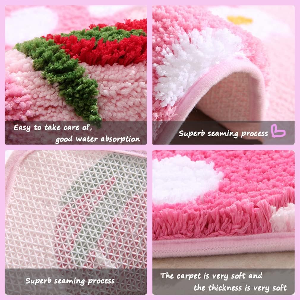 Tapete de baño suave y acogedor con diseño de fresa, antideslizante, lavable, lanudo para dormitorio, tapete absorbente de flores, tapete para