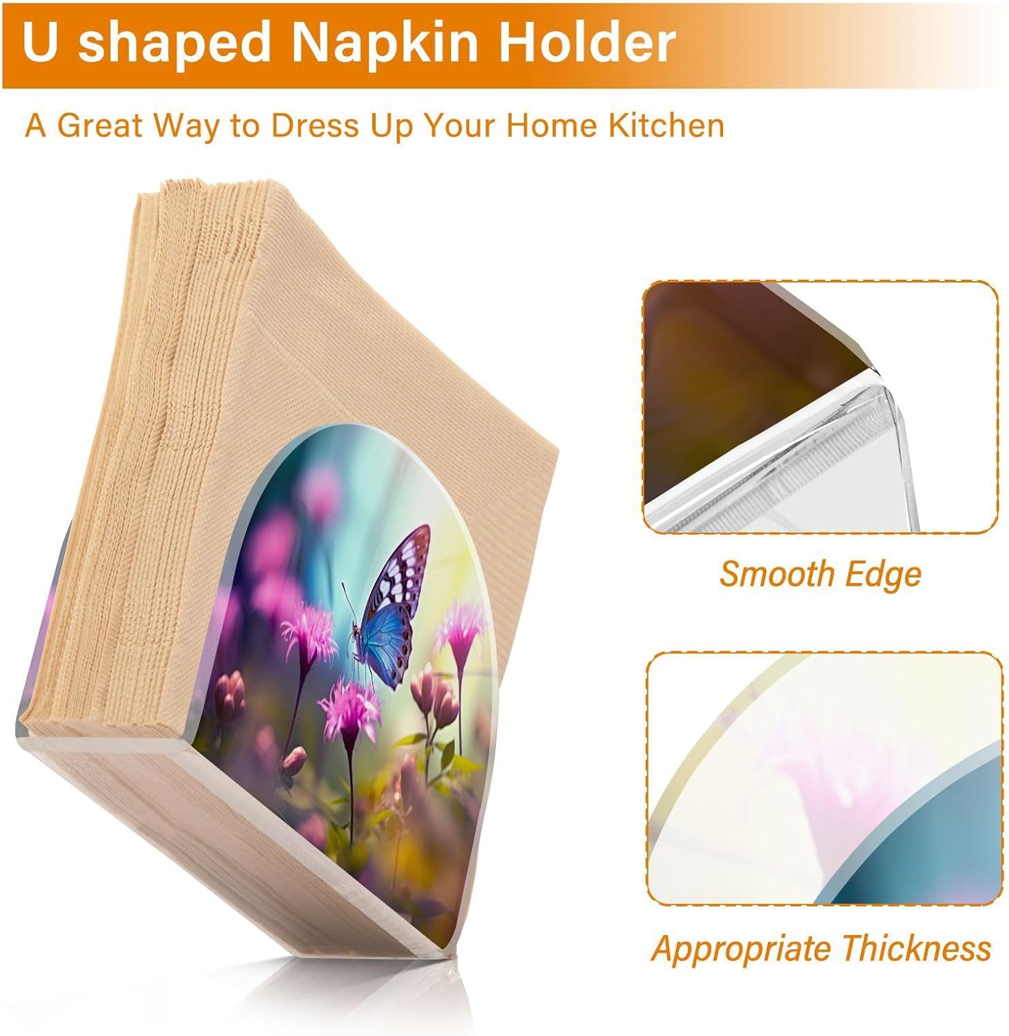 Napkin Holder Butterfly Flowers Napkin Holders for Tables, Clear Acrylic Napkin Holders Cocktail Napkin Holder for Kitchen Restaurant Bar Home Decor
