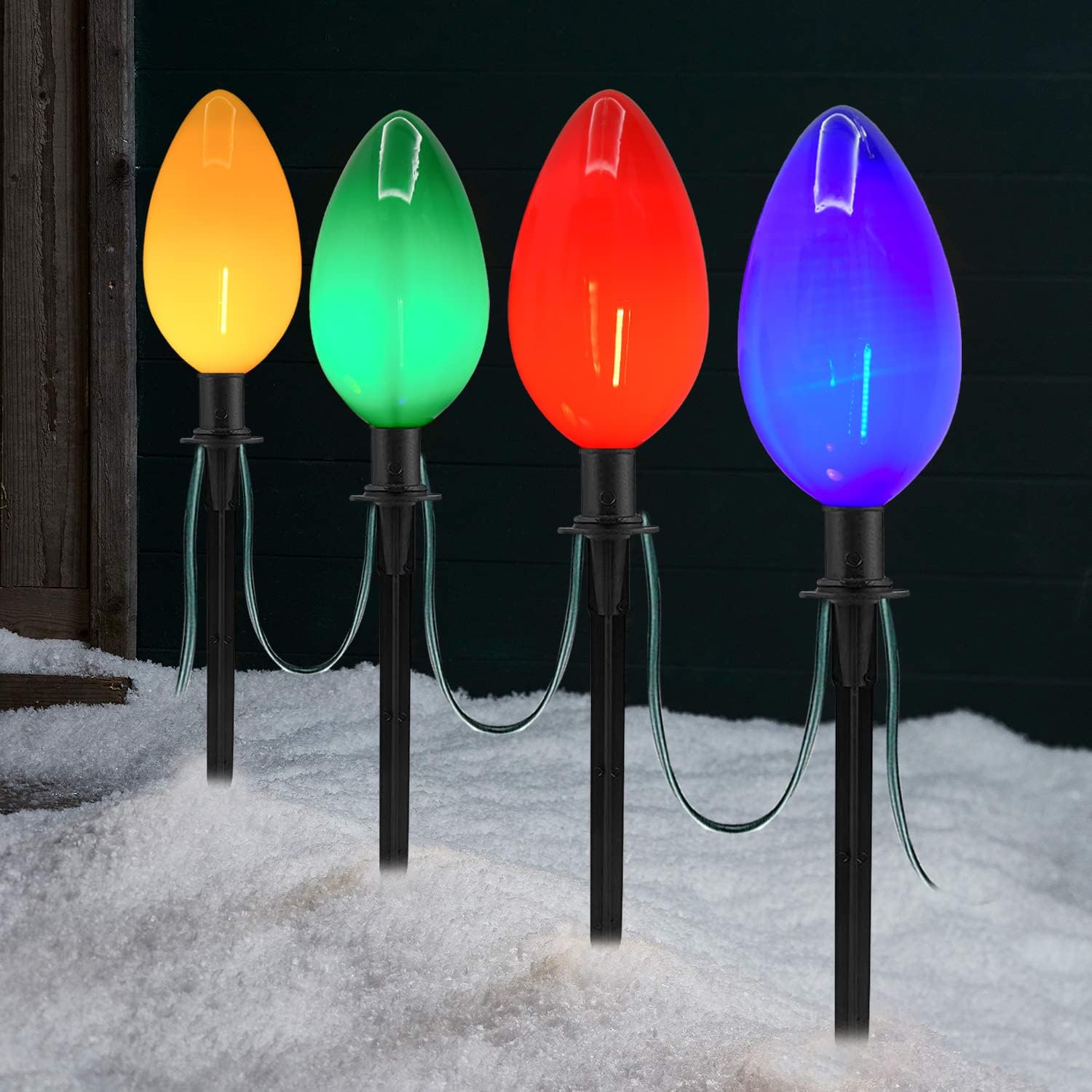 C9 – Luces LED multicolor para Navidad, 1 paquete de 7 pies con 4 luces LED multicolor con 4 estacas, impermeable, para Navidad, césped, pasarela,