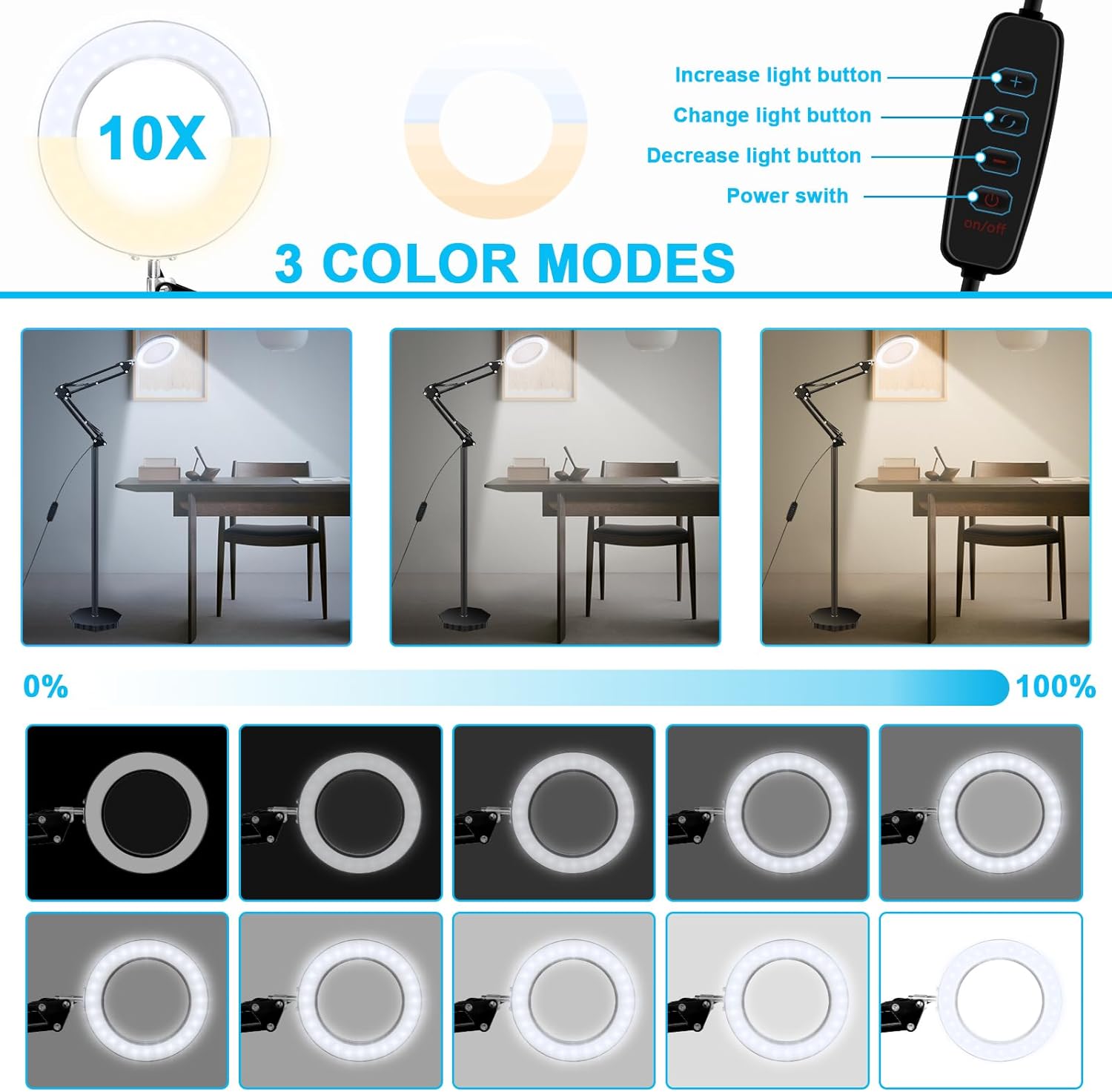 Lupa 8X con luz y soporte, 3 temperaturas de color, lámpara de pie con aumento de brillo ajustable, lupa iluminada con brazo oscilante para lectura,