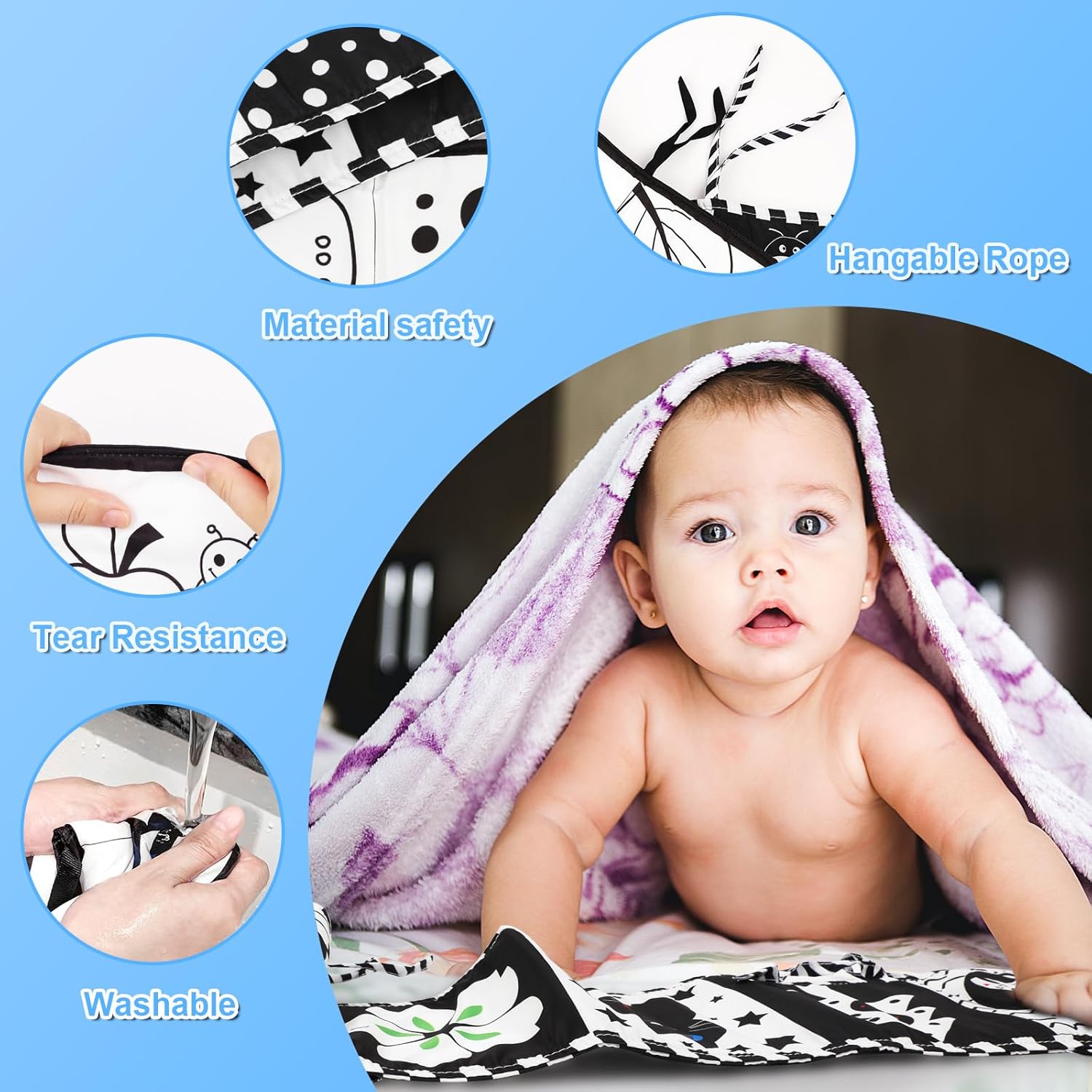 Paquete de 2 libros para bebés de alto contraste en blanco y negro, actividades de aprendizaje Montessori para bebés, juguetes para el tiempo boca