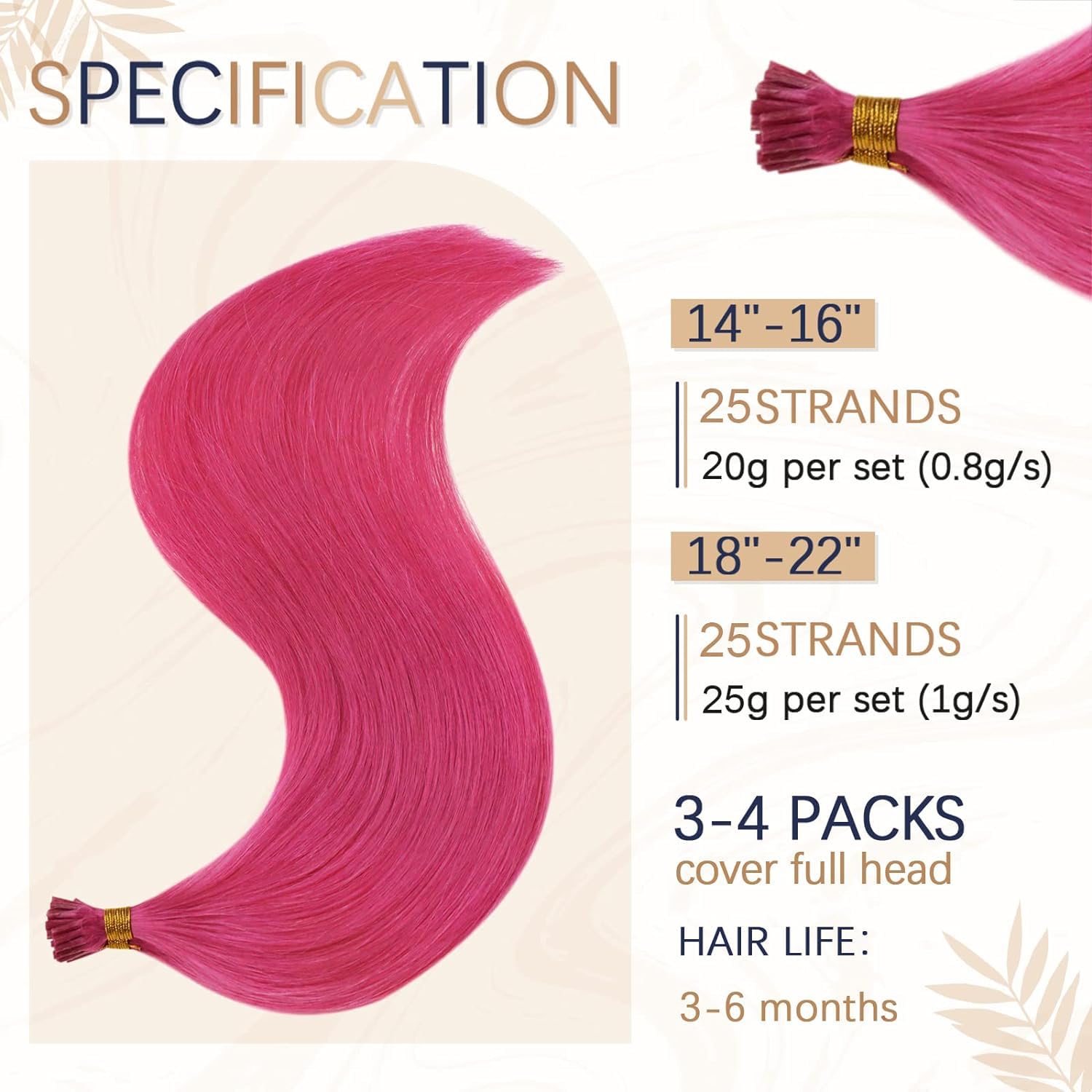 RUNATURE Extensiones de cabello humano rosa con punta en I de 20 pulgadas, extensiones de cabello rosa con punta en I, extensiones de cabello humano