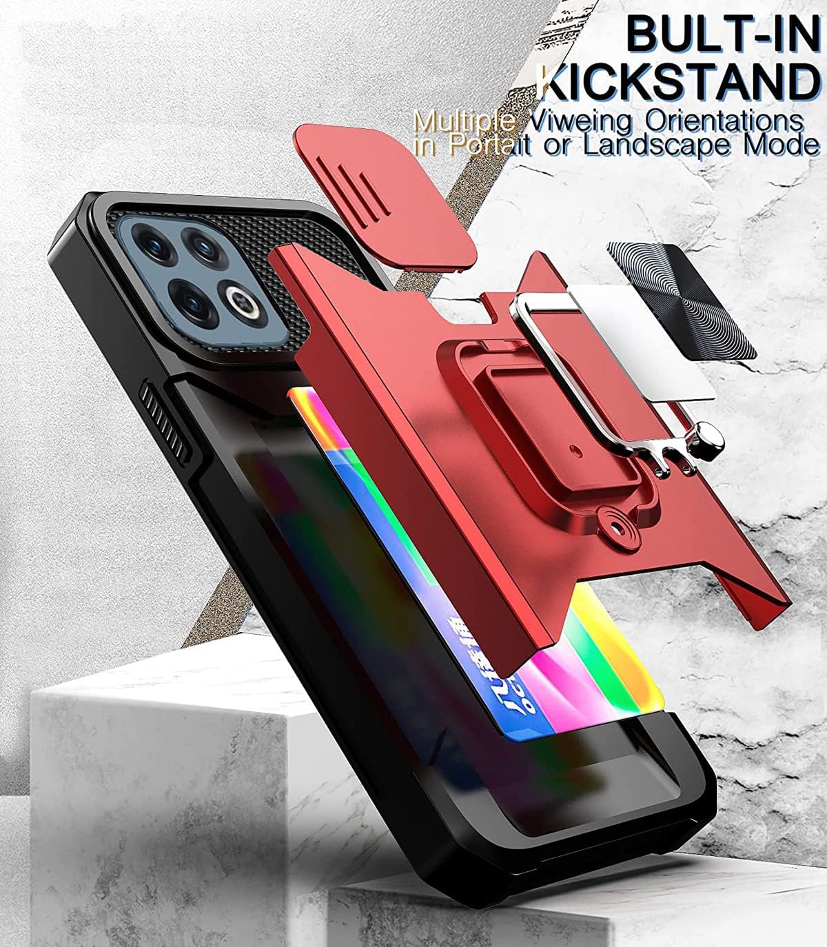 CCSmall Funda para OnePlus 10 Pro con funda para cámara, protección deslizante de lente con tarjeteros con función atril magnético integrado para