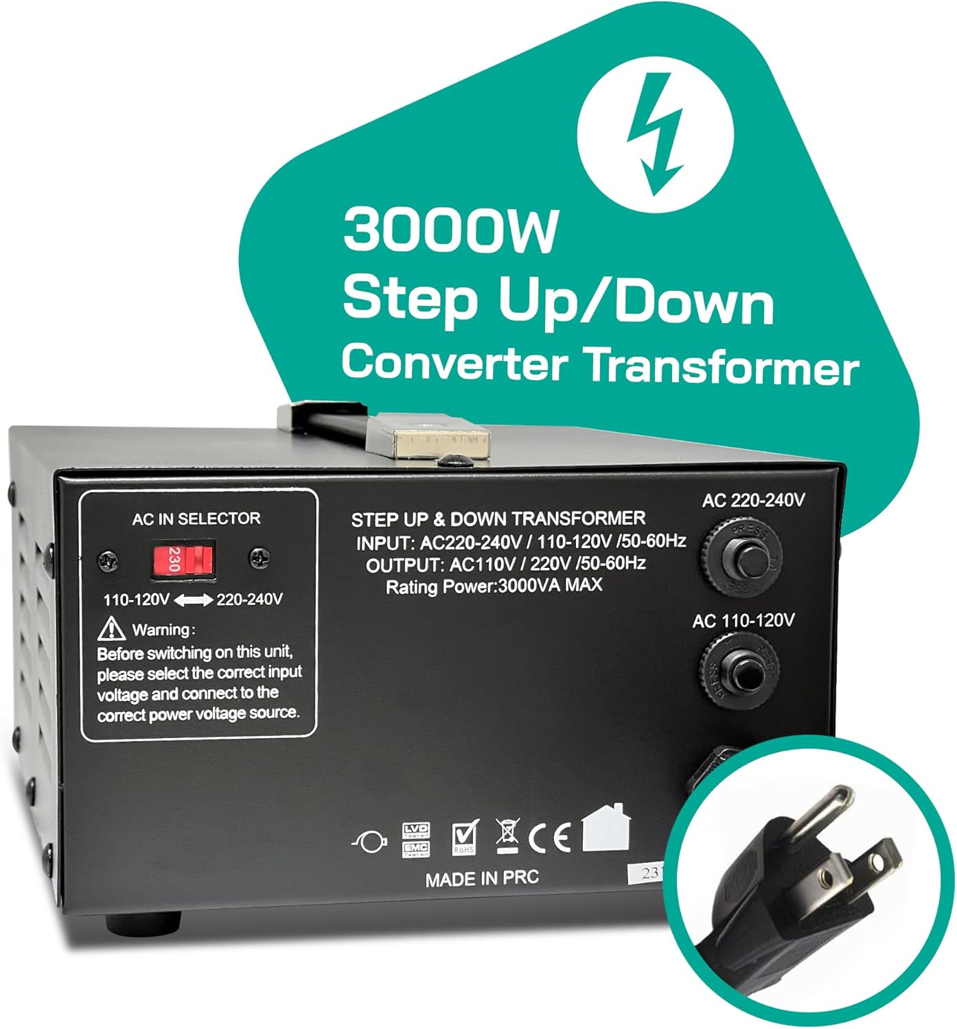 LiteFuze Transformador de voltaje de 3000 vatios elevador hacia arribaabajo – Convertidor de potencia de 110 V a 220 V220 V a 110 V – Cable