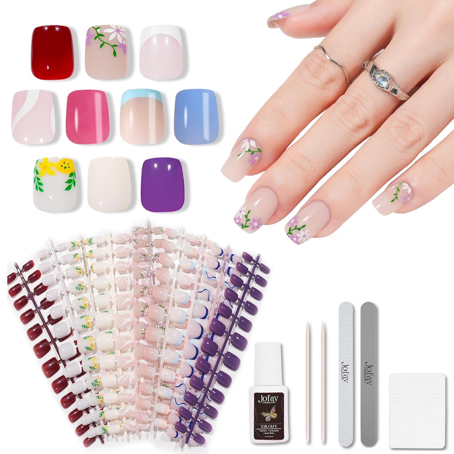 Jofay Fashion – Juego de 10 puntas de uñas (240 piezas) de uñas acrílicas de gel suave, color nude, rosa, flor francesa, uñas postizas cuadradas