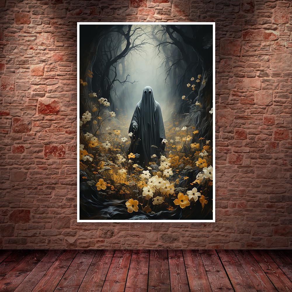 Arte de pared de fantasmas de Halloween, póster de flores y fantasmas, arte gótico, lienzo espeluznante oscuro estilo academia, pósteres de estética
