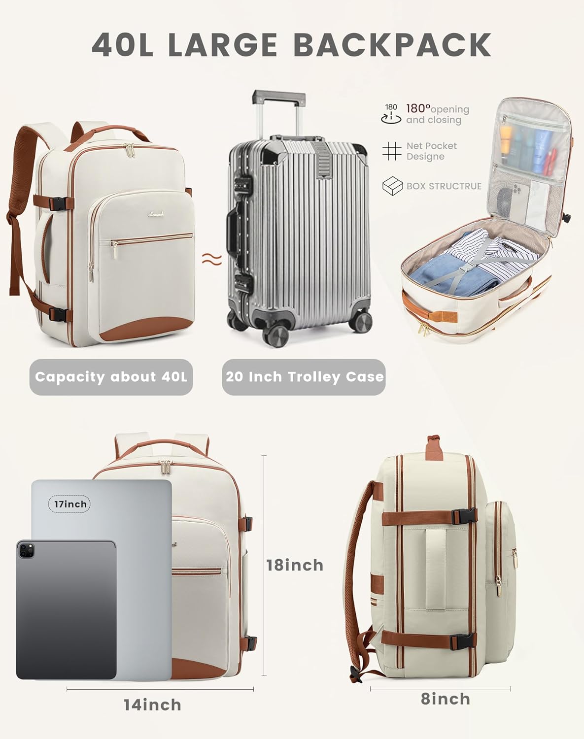 LOVEVOOK Mochila de viaje para mujeres y hombres como artículo personal aprobado por vuelo, equipaje de 40 L, Beige, Mochila de viaje, mochila de