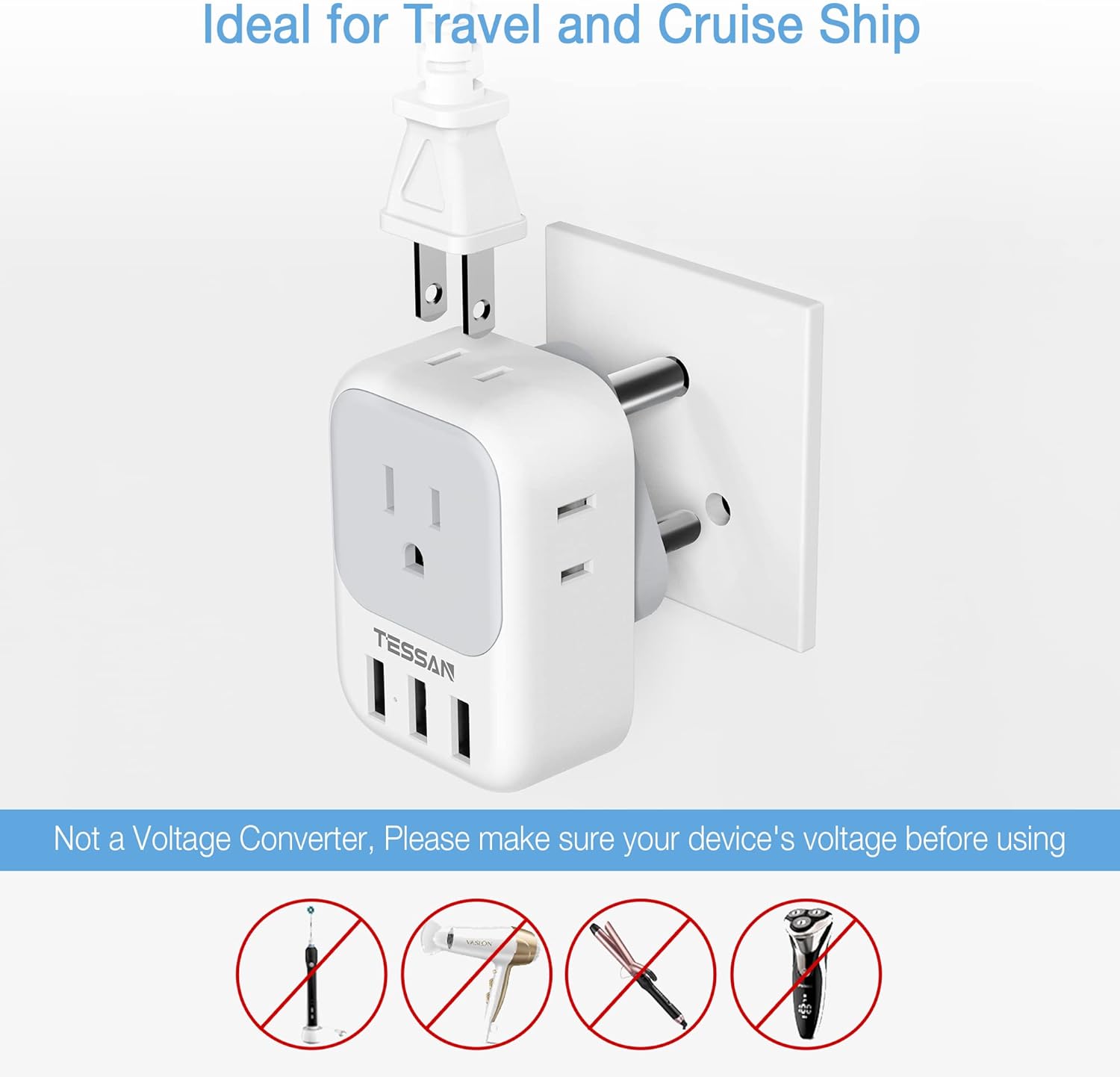 TESSAN Adaptador de corriente para Sudáfrica, adaptador de enchufe de viaje tipo M con 4 salidas de CA y 3 puertos USB para EE. UU. a Sudáfrica