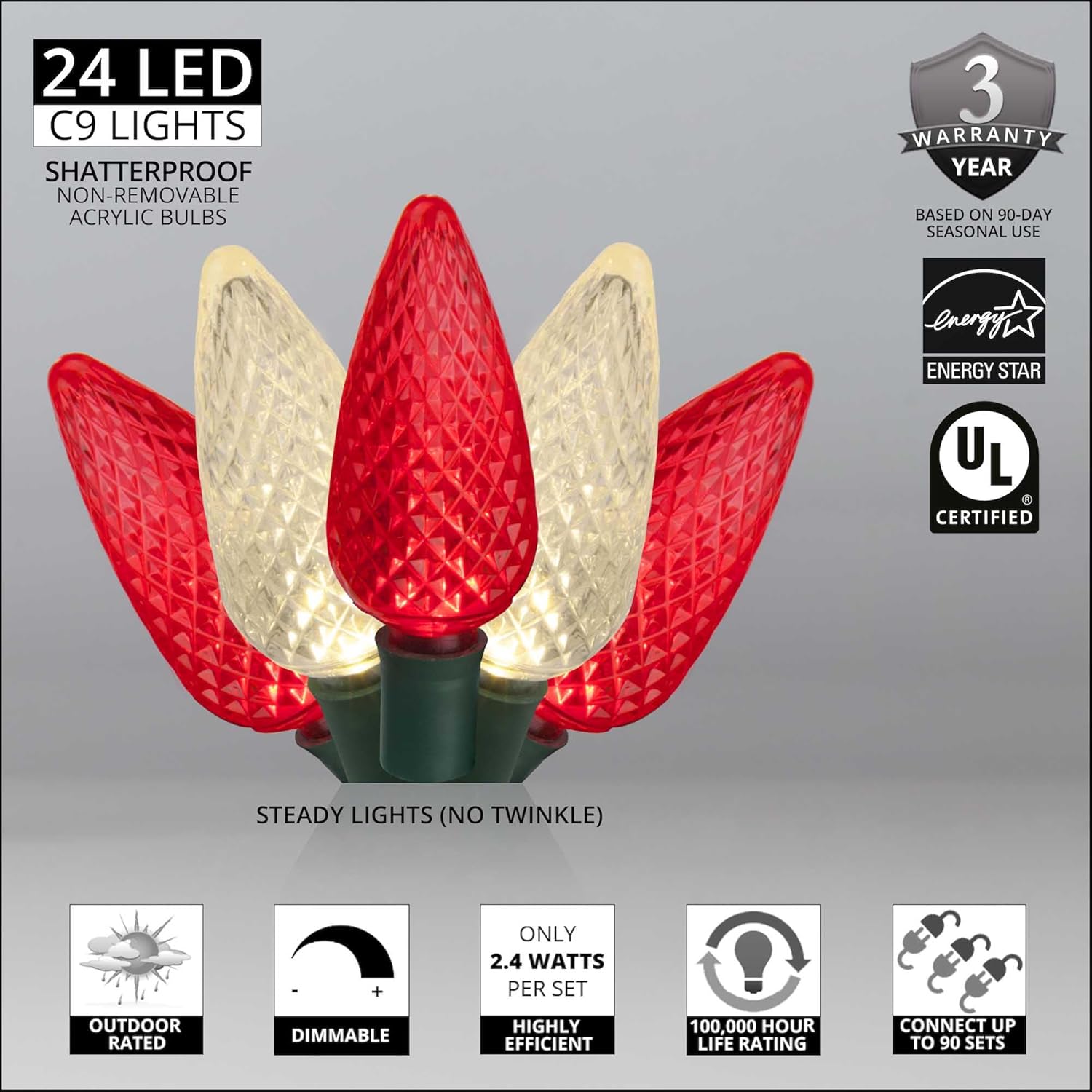 Wintergreen Lighting C9 – Juego de 24 luces de Navidad rojas y blancas, 16.3 pies, luces LED de Navidad rojas, blancas cálidas para interiores y