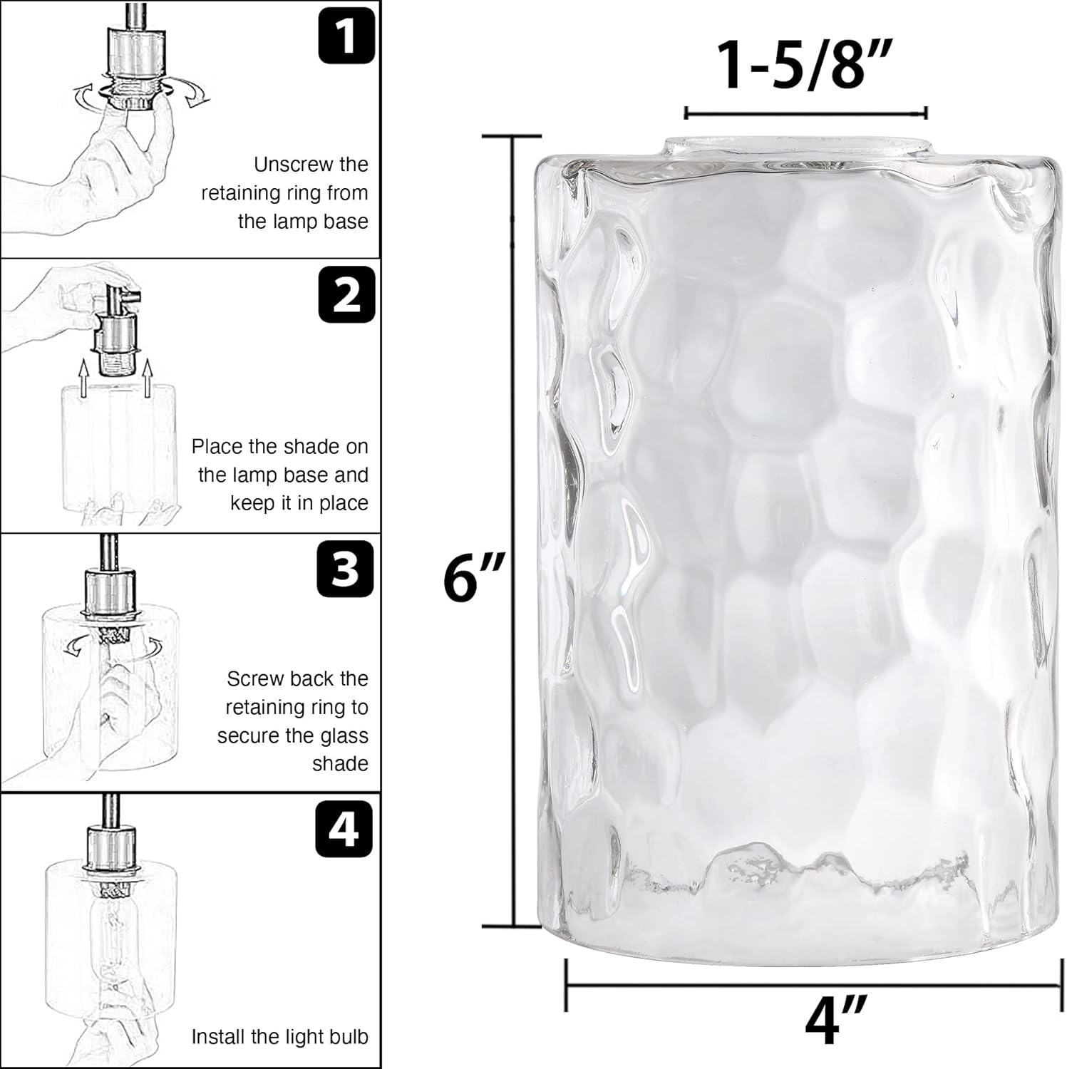 Paquete de 5 pantallas de vidrio martillado transparente de repuesto para accesorios de iluminación, 6 pulgadas de alto, pantalla de vidrio