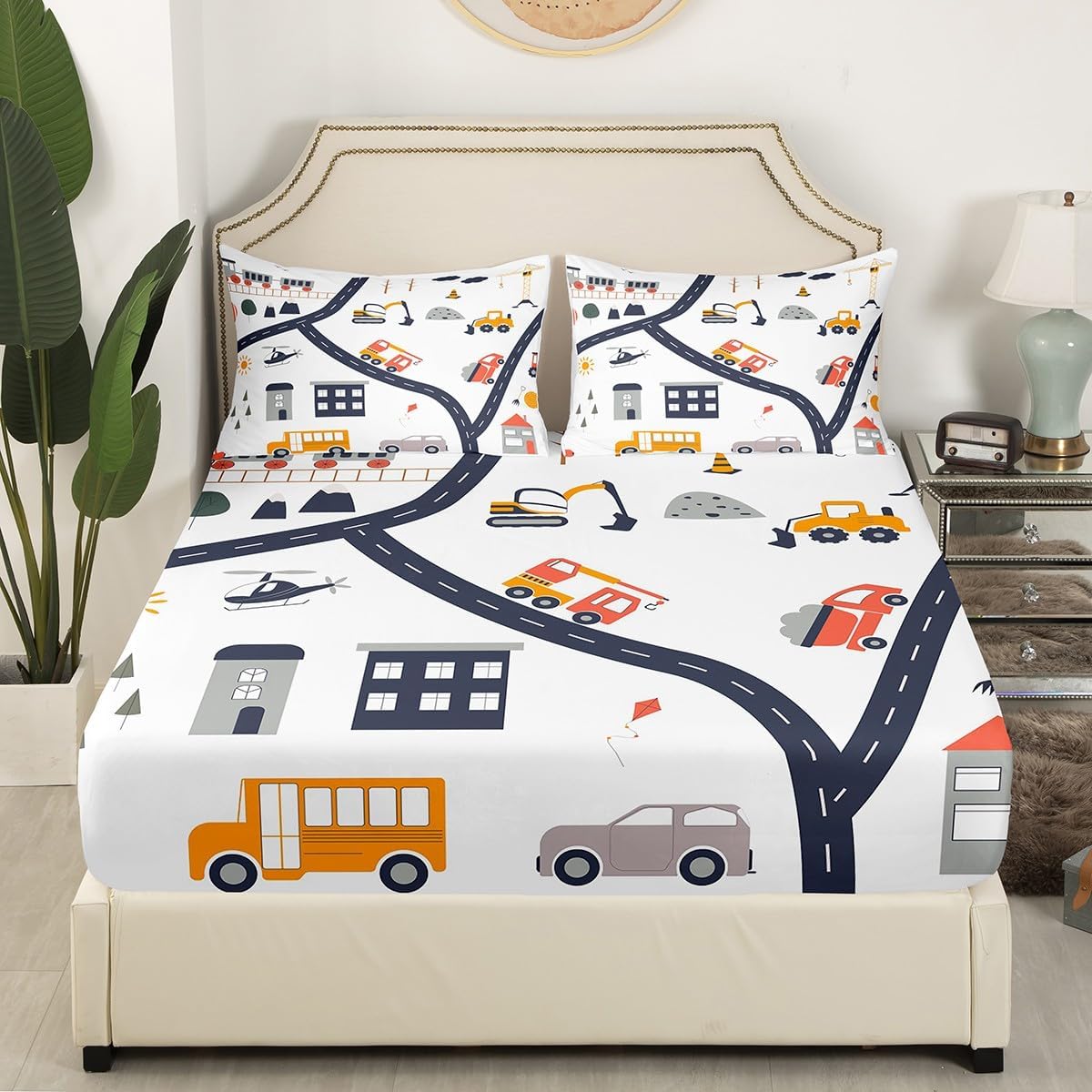 Juego de sábanas con temática de tráfico de carretera, decoración del hogar, acuarela, caricatura, mapa, ciudad, bolsillo profundo, funda de colchón