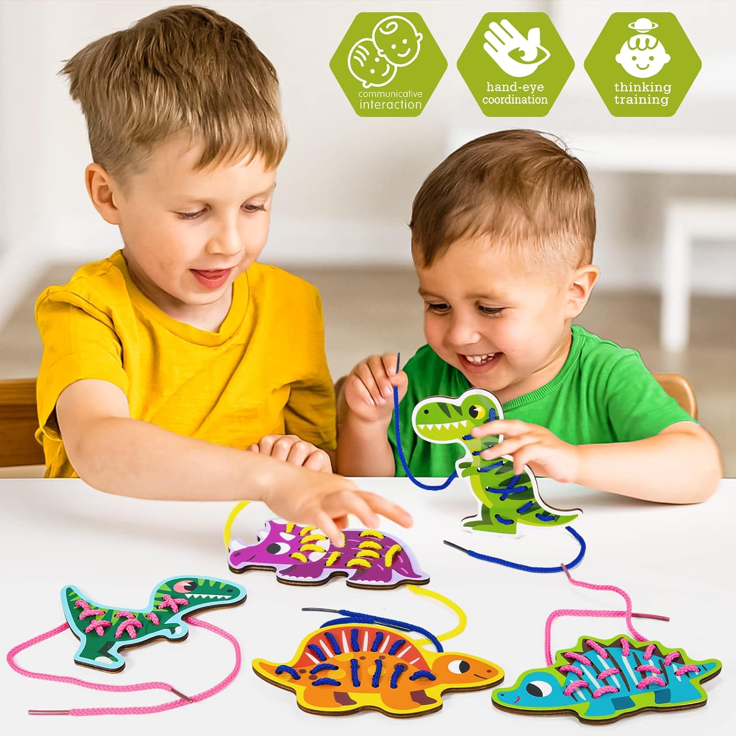 Atoylink Paquete de 5 tarjetas de cordón de dinosaurio de madera para niños pequeños, juguetes de viaje, juegos preescolares, habilidades motoras