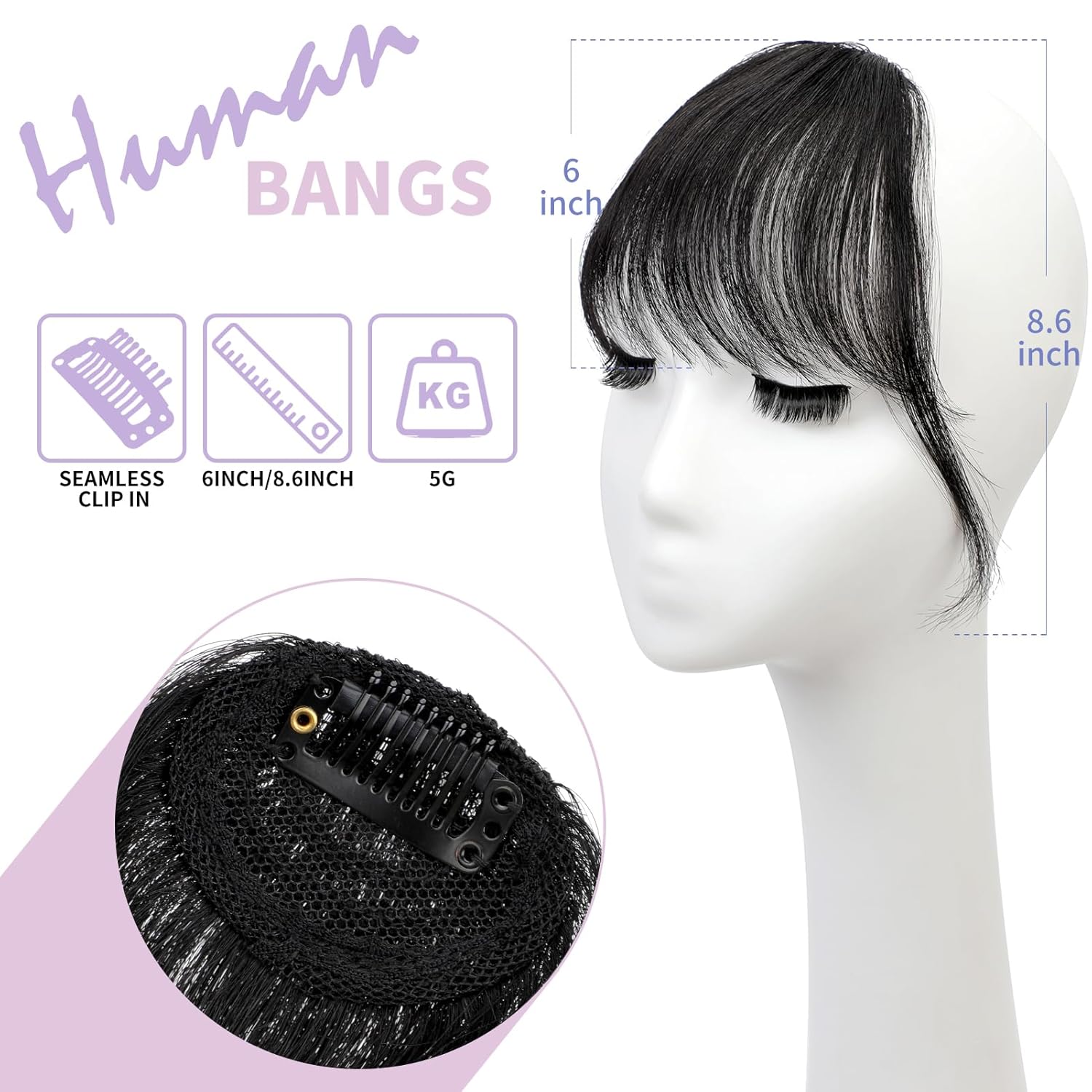 FELENDY Flequillo con clip, 100 % cabello humano, flequillo con fleco de clip, flequillo natural recto frontal plano, limpio, real para mujeres con