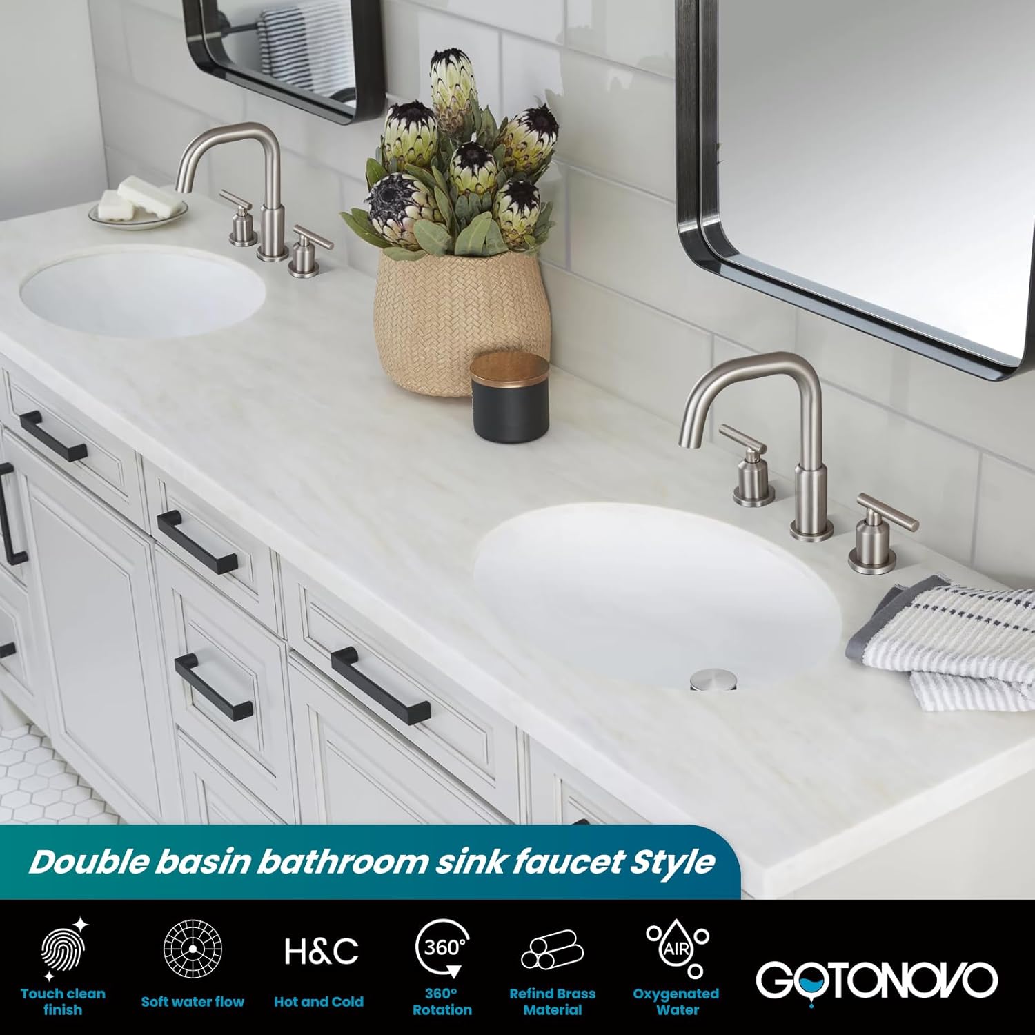 gotonovo Grifo de lavabo de baño de 3 agujeros y 2 asas con drenaje desplegable con válvulas mezcladoras frías y calientes de 8 pulgadas, grifo de