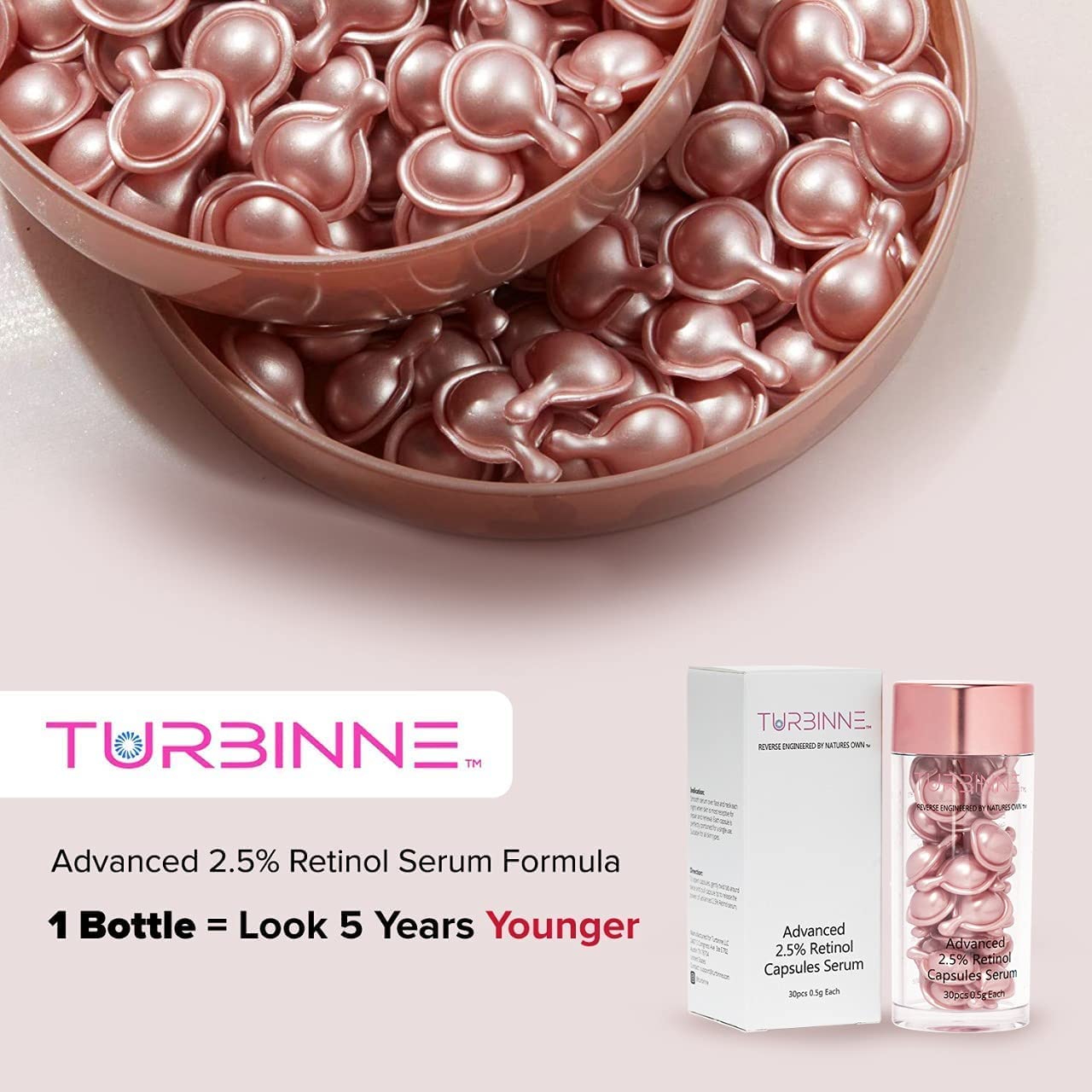 Cápsulas de suero de retinol puro al 2.5%. Luce 5 años más joven en 30 días. Potente antienvejecimiento, hidratación profunda, iluminación, reduce