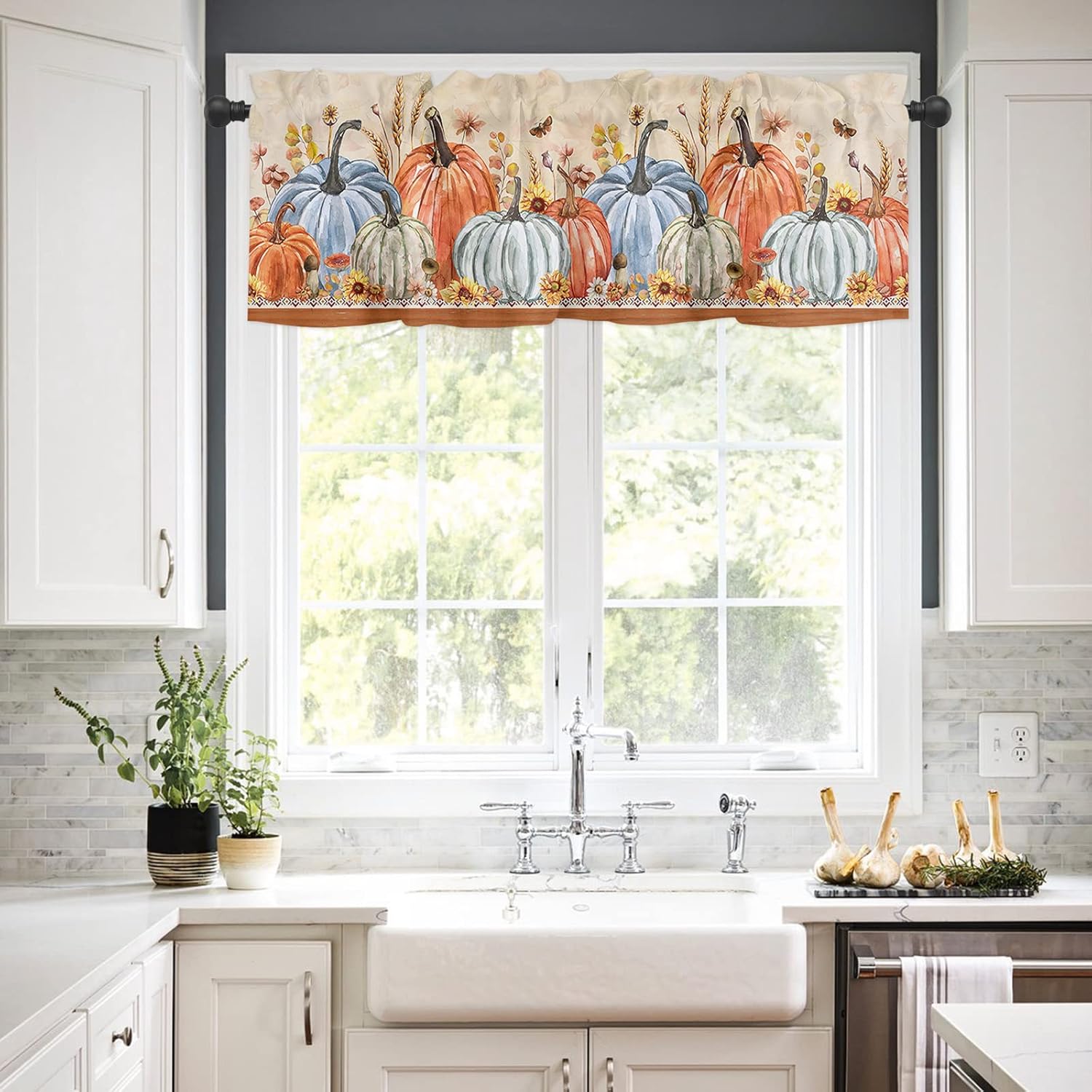 Cortina decorativa de cocina otoñal, cenefas con bolsillo para barra, tratamiento de ventana pequeña para dormitorio, hojas de calabaza, aislamiento