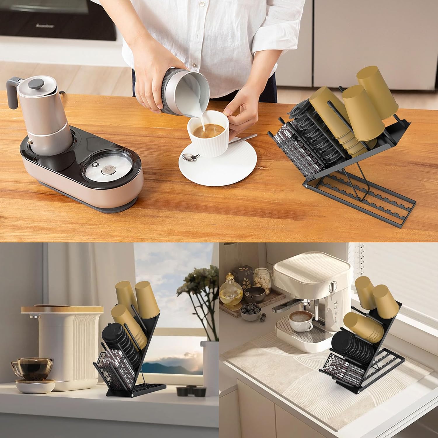 Organizador de metal para tazas de café y tapa, dispensador ajustable de 4 compartimentos