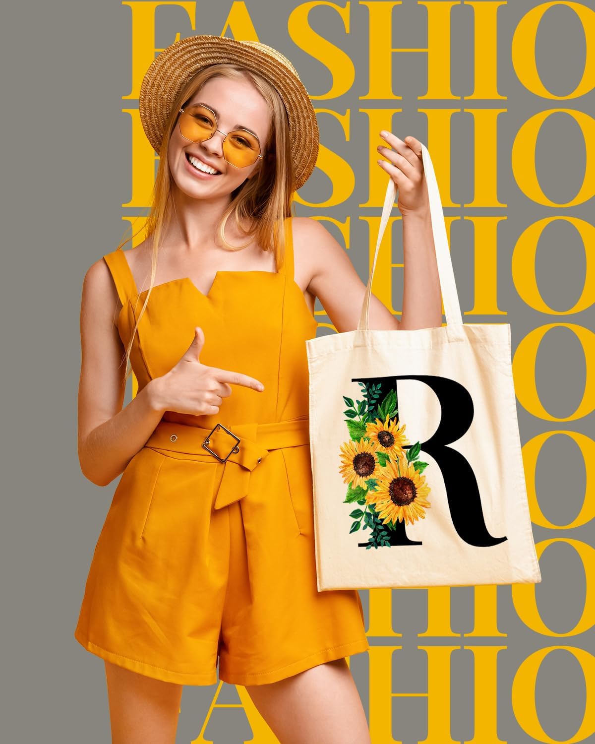 AUSVKAI Bolsa de lona estética para mujer, lindas bolsas de girasol con iniciales de moda con asa para comestibles