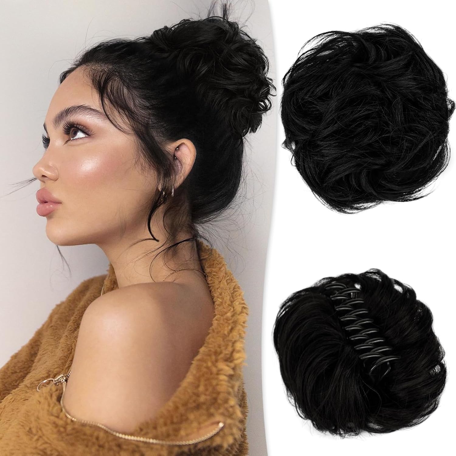 RUWISS Extensiones de cabello con clip de garra, moño desordenado, moño humano real, ondulado, rizado, moño, moño despeinado, clip de garra,