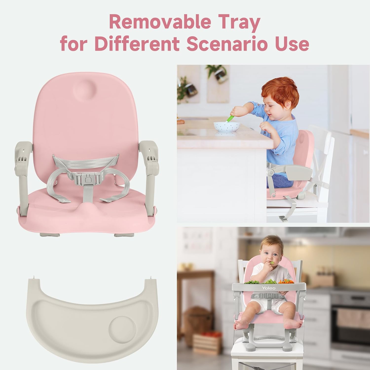 YOLEO Sillas altas para bebés y niños pequeños, asiento elevado para mesa de comedor con altura ajustable de 4 niveles, silla alta de viaje, asiento