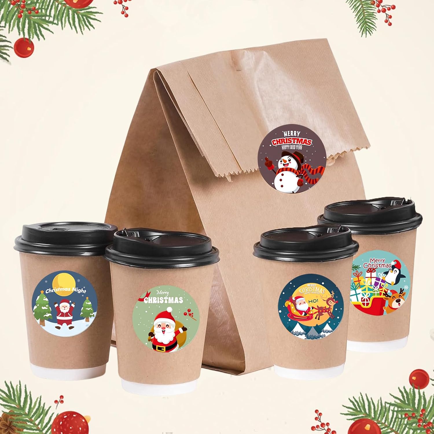 Etiquetas adhesivas de Navidad de 1.5 pulgadas, 500 unidades de 8 diseños de calcomanías de rollo de Navidad, muñeco de nieve, Papá Noel, reno,