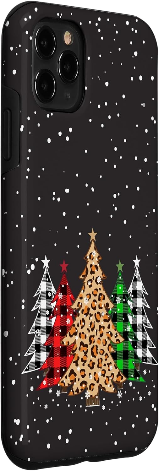 iPhone 11 Pro Max árboles de Navidad con estampado de cuadros y leopardo