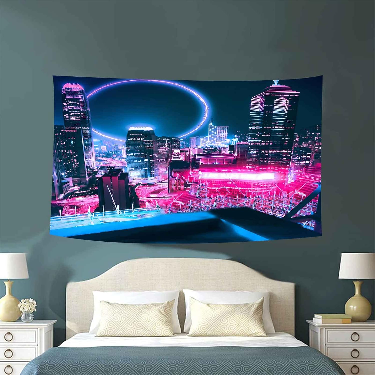 Aidatain Tapiz japonés de paisaje urbano neón, vista nocturna, tecnología futurista, rascacielos, para colgar en la pared, de franela de 40 x 30