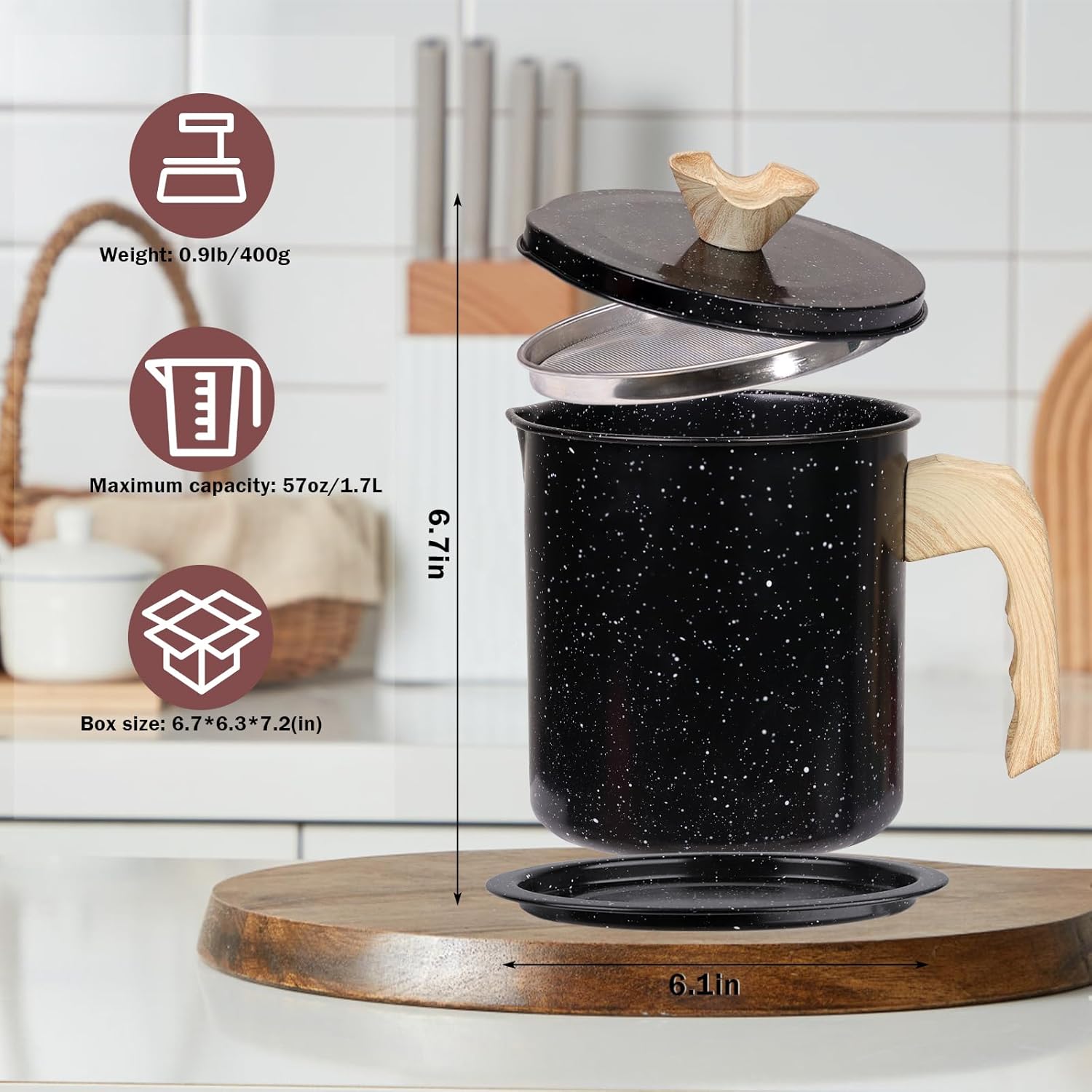 Colador de aceite de cocina y almacenamiento grande, olla de aceite de filtro de 1.6 cuartos de galón de acero inoxidable, recipiente de grasa de