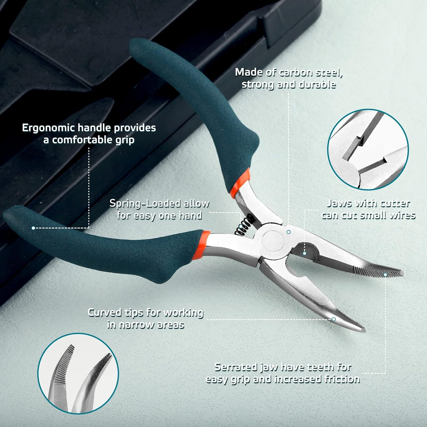 SPEEDWOX Alicates de punta doblada con cortador de 5 pulgadas de mandíbula dentada curvada con hombro convexo Alicates de joyería de precisión