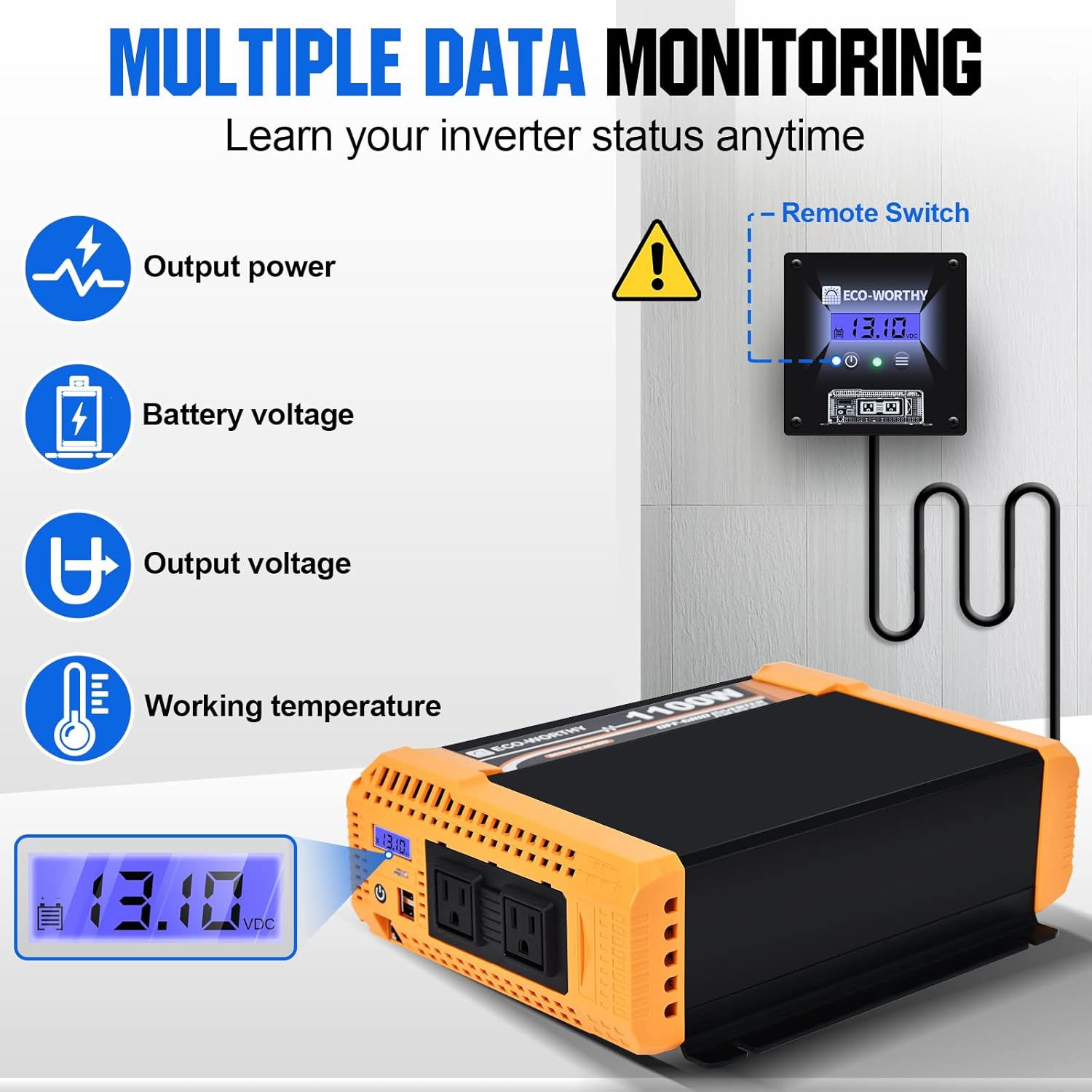 ECO-WORTHY Inversor de energía solar de onda sinusoidal pura de 1100 W, 12 V CC a 120 V CA con puerto USB dual integrado de 18 W, 2 salidas de CA, 1