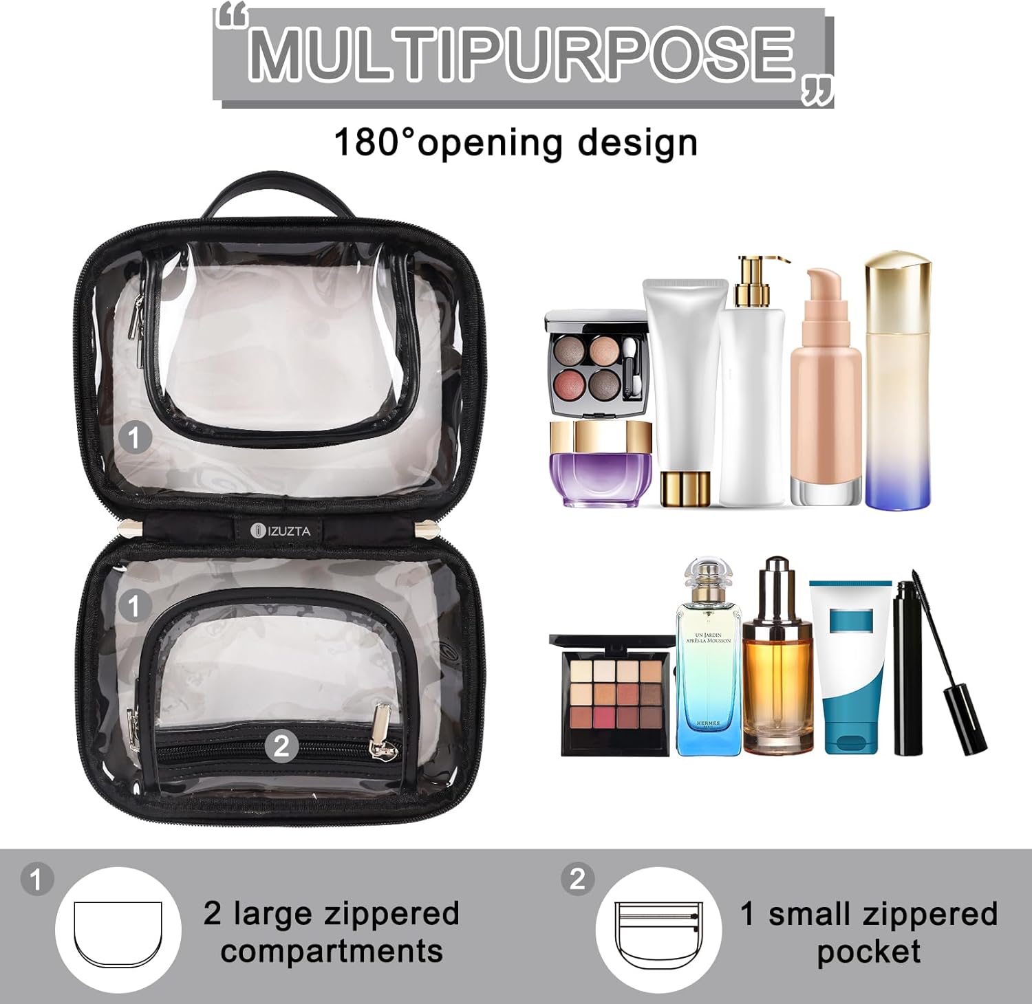 Neceser de viaje transparente aprobado por la TSA de 2 capas, organizador de maquillaje de gran capacidad, Negro -, Neceser de viaje transparente de