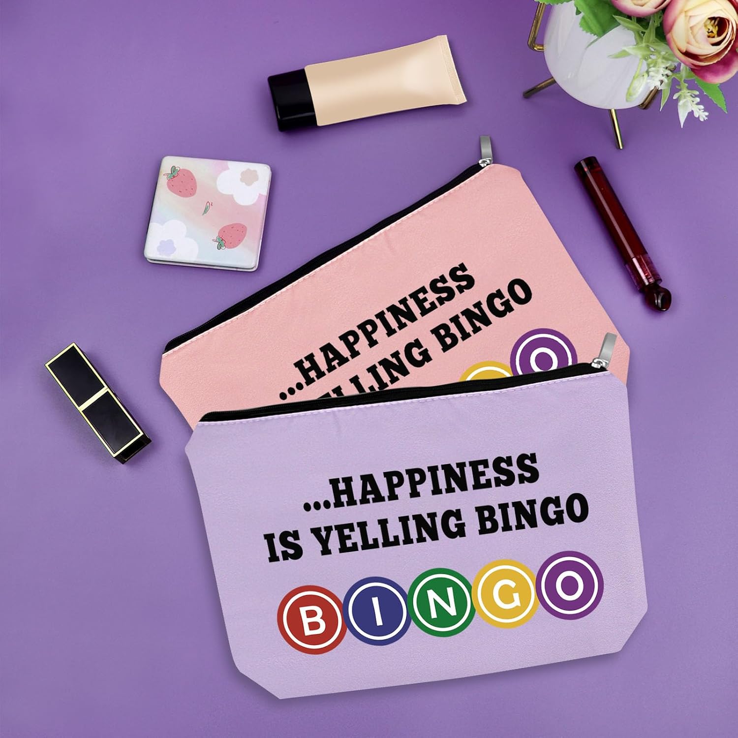 Bolsa de maquillaje de regalo para amantes del bingo, Verde, rosa y morado