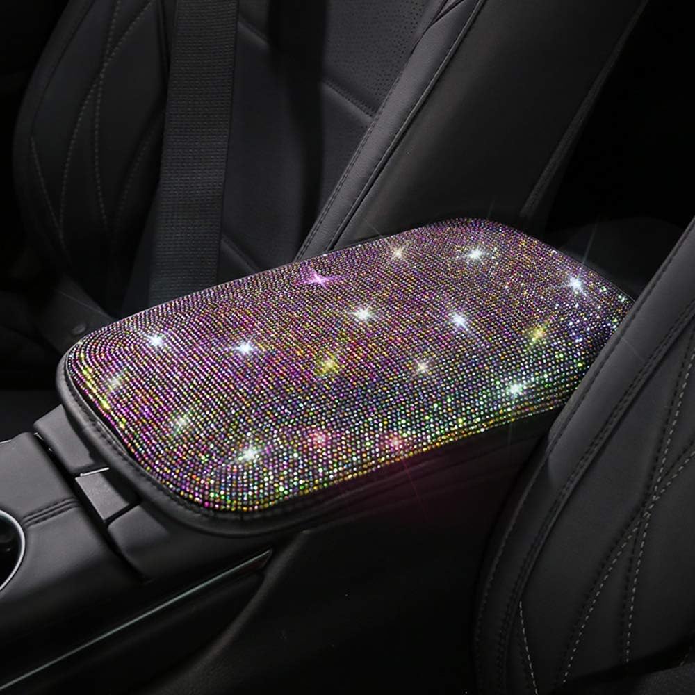 Bling Bling Auto Armrest Console Cushion, Leather Luster Crystal Arm Rest Padding Protective Case Diamond Car Decor Accessories for Ladies