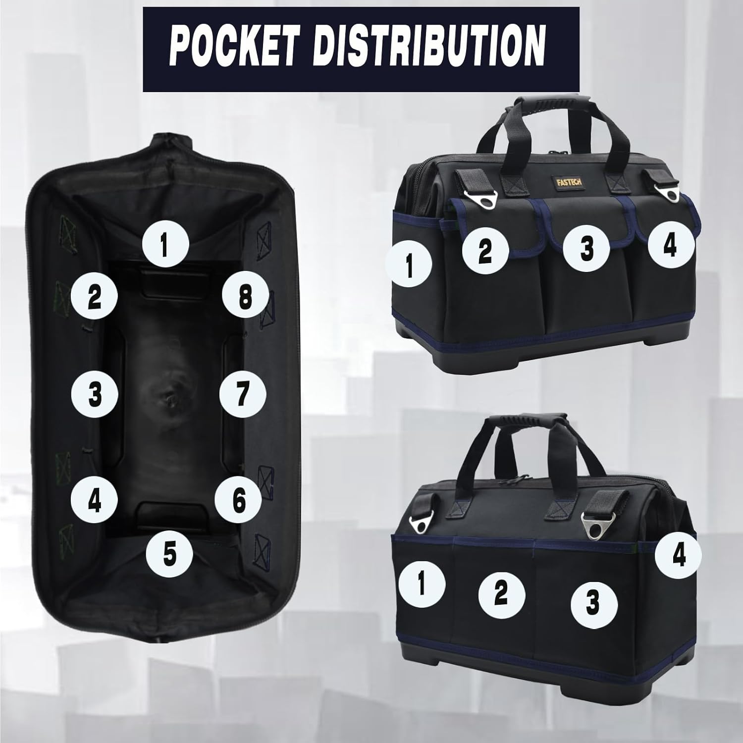FASTECH Bolsa de herramientas de 20 pulgadas, kit de herramientas de boca ancha impermeable, organizador de bolsa de herramientas resistente con
