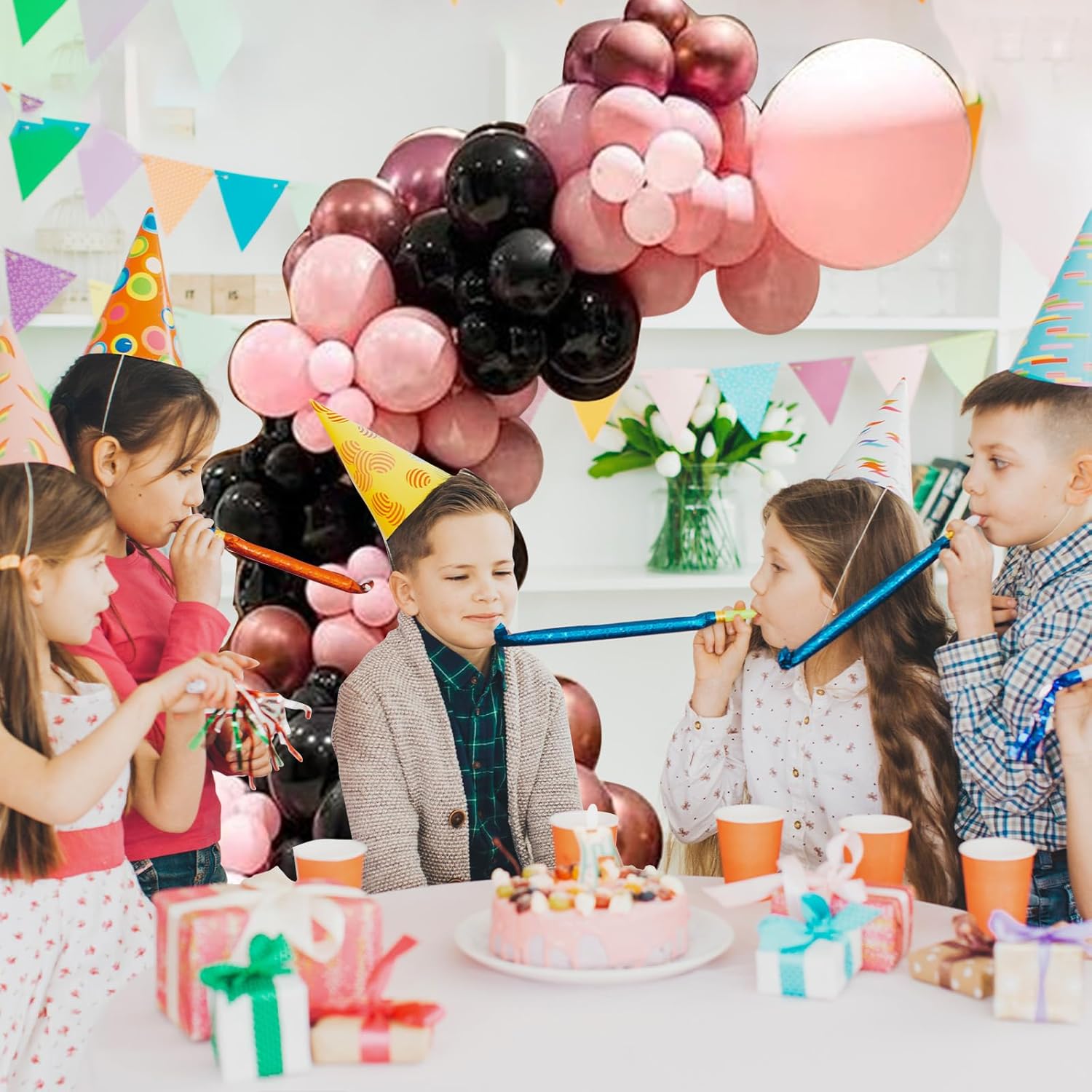 Kit de arco de globos de color rosa polvoriento y negro, 112 guirnaldas de globos de oro rosa rosa y negro con confeti dorado rosa metálico, globos