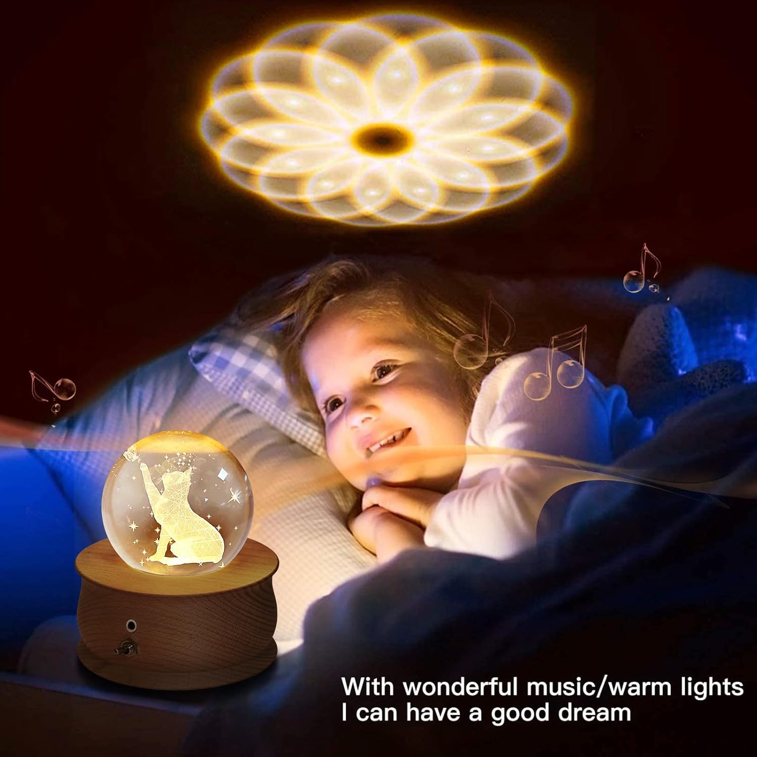 Caja de música de bola de cristal 3D, reflector LED, lámpara de noche de madera de lujo, el mejor regalo para niños, padres, abuelos, Navidad, día