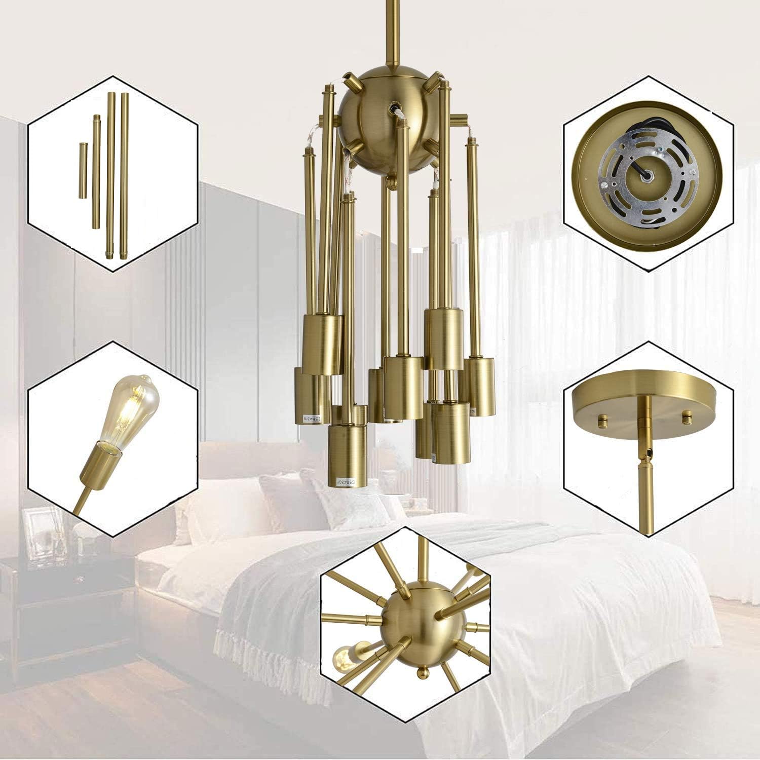SUSVQLXG Candelabros Sputnik dorados de 8 luces modernas con base E26, lámpara de techo vintage ajustable para cocina, comedor, sala de estar,