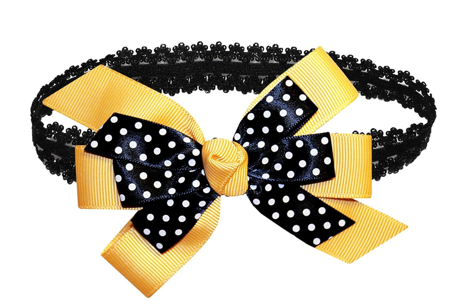 WD2U – Diadema elástica con lazo de grogrén de puntos negros para niñas (amarillo dorado)